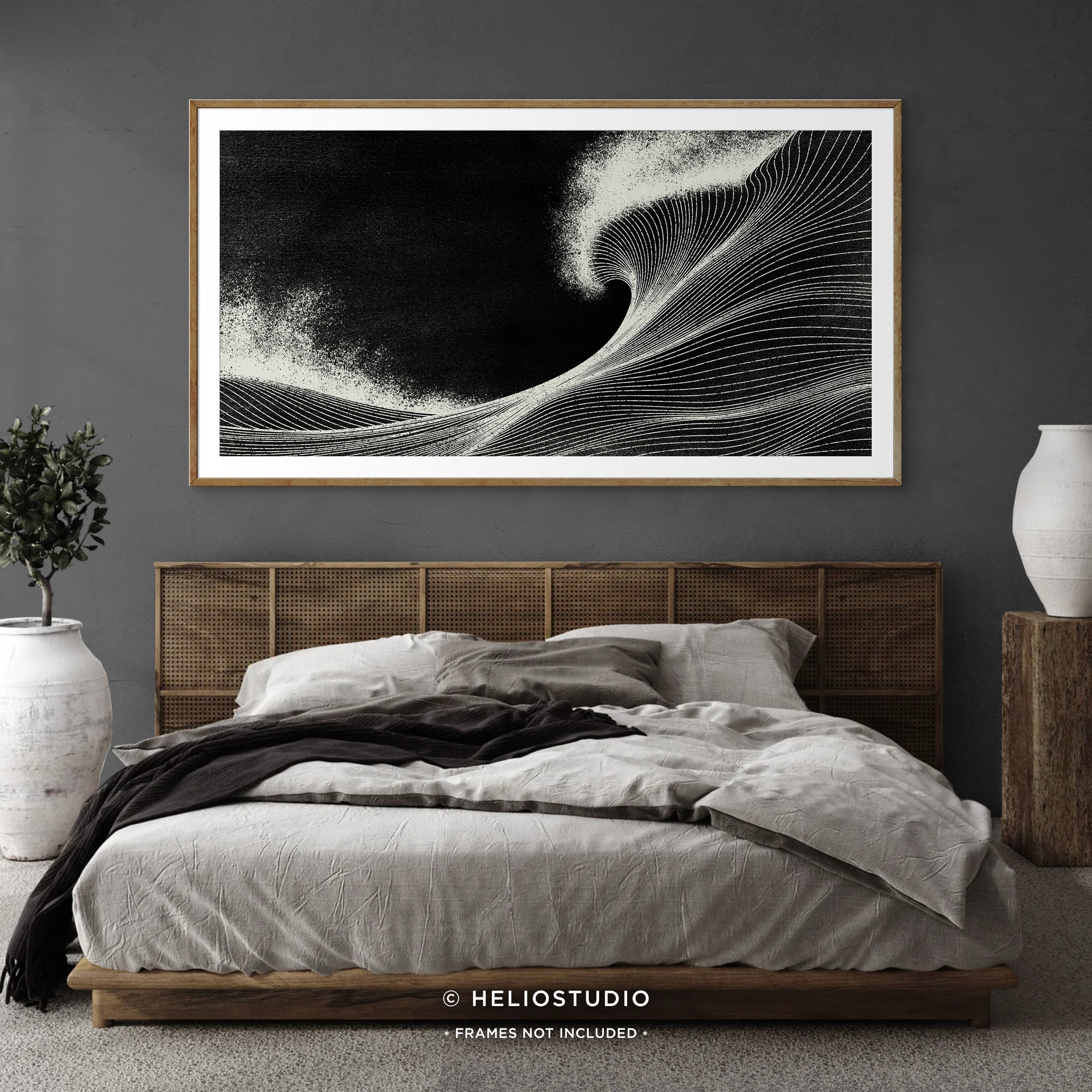 Woodcut Black Ocean Wave – Panoramic Art Print