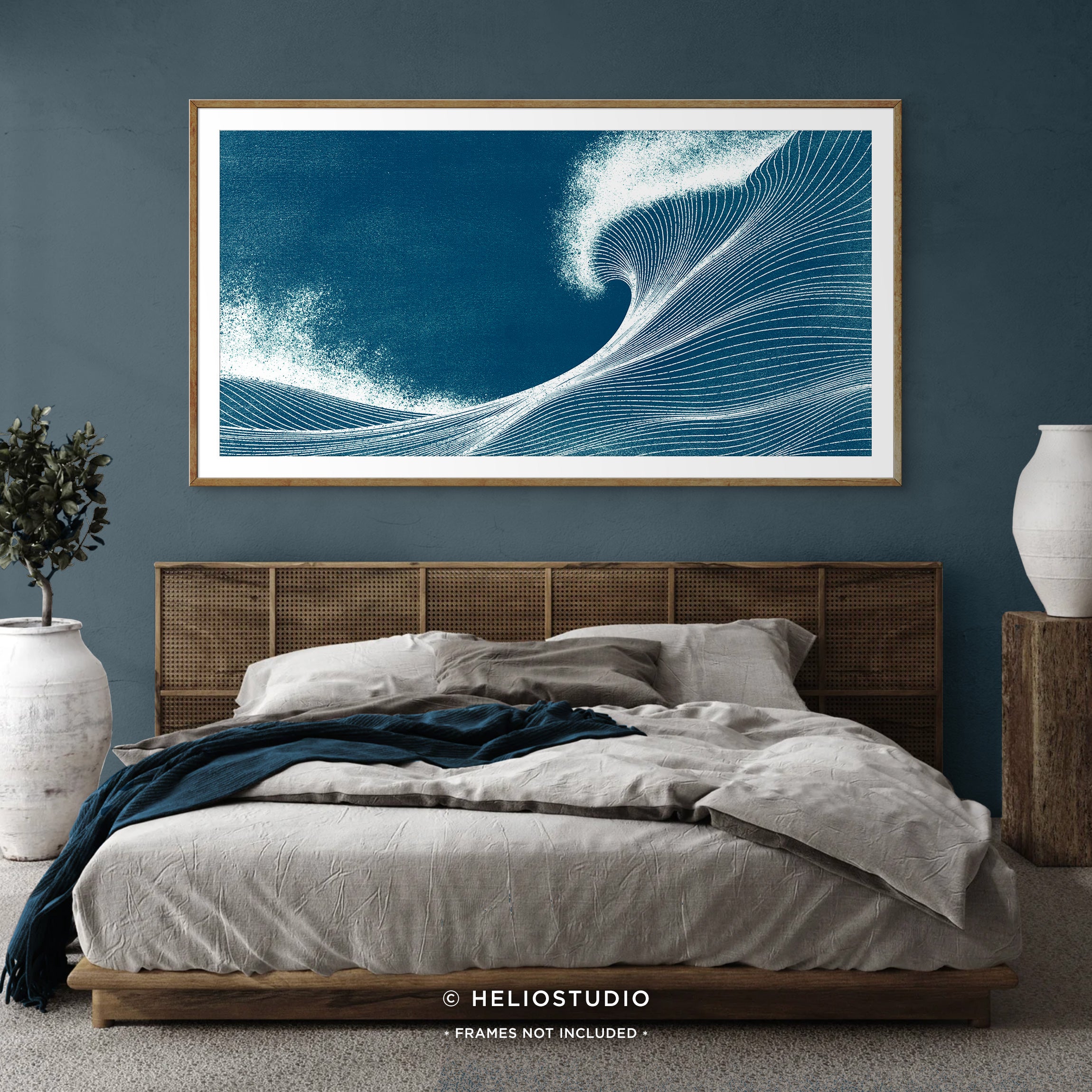 Woodcut Blue Ocean Wave – Panoramic Art Print