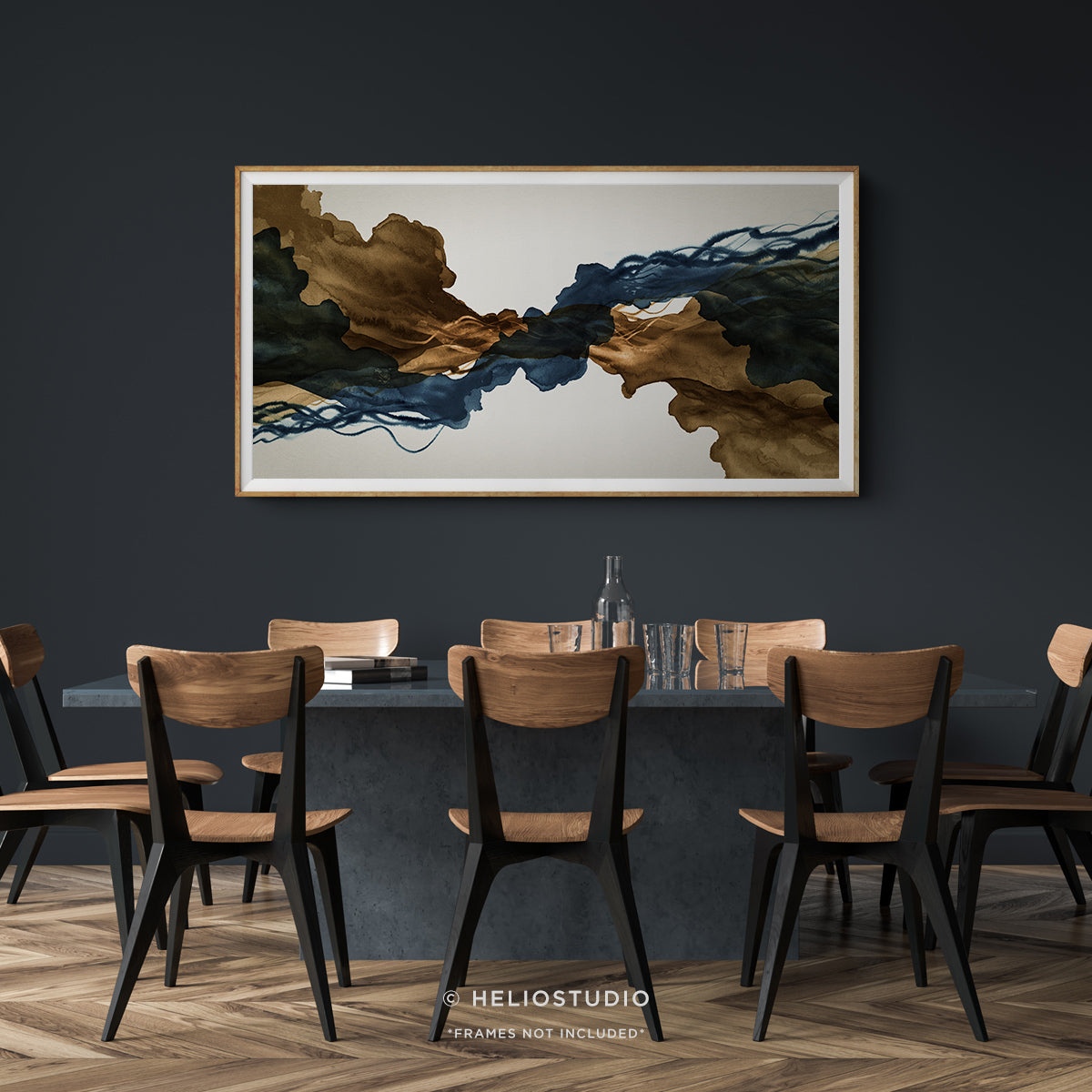 Sepia Ink Blue Abstract Flow – Panoramic Art Print