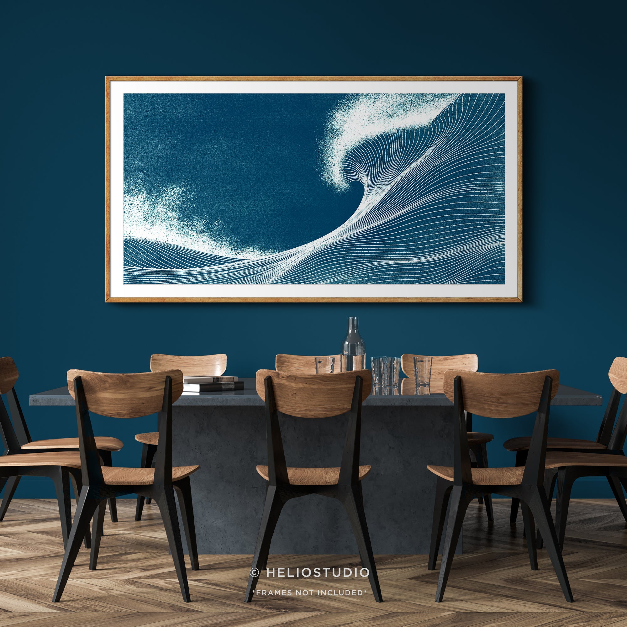 Woodcut Blue Ocean Wave – Panoramic Art Print
