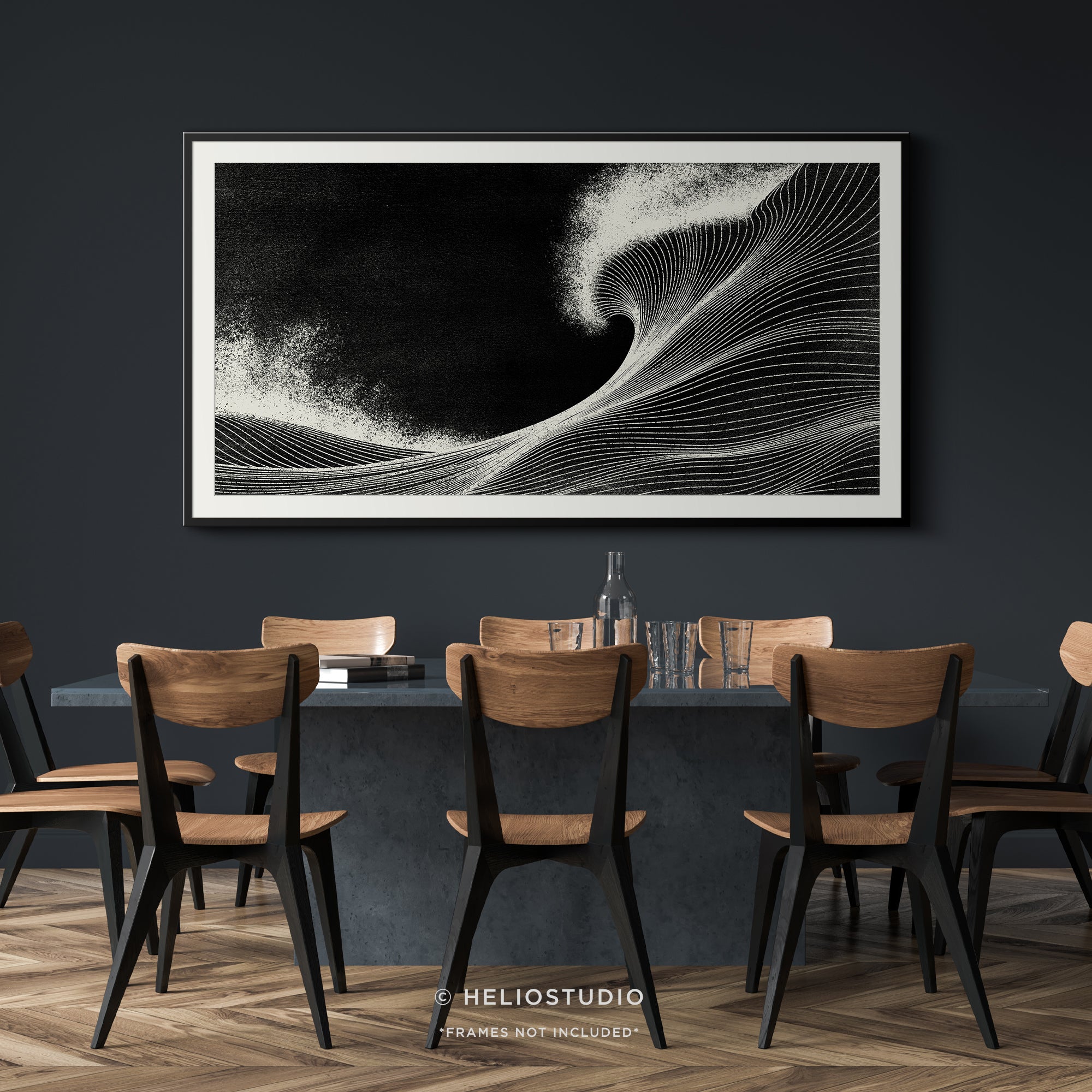 Woodcut Black Ocean Wave – Panoramic Art Print