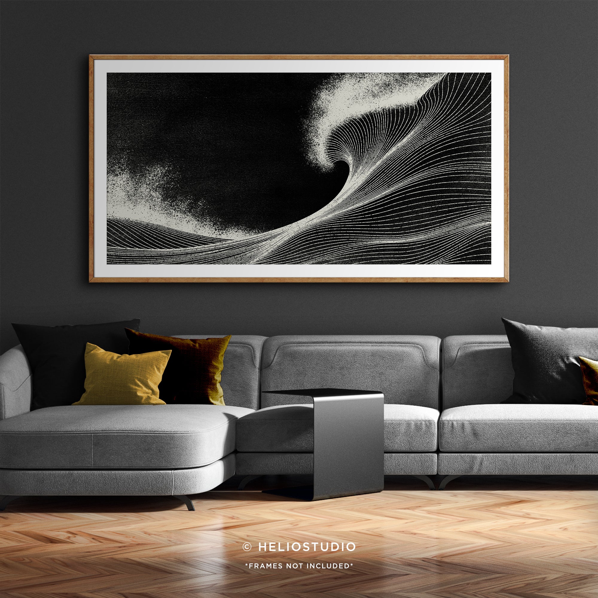 Woodcut Black Ocean Wave – Panoramic Art Print