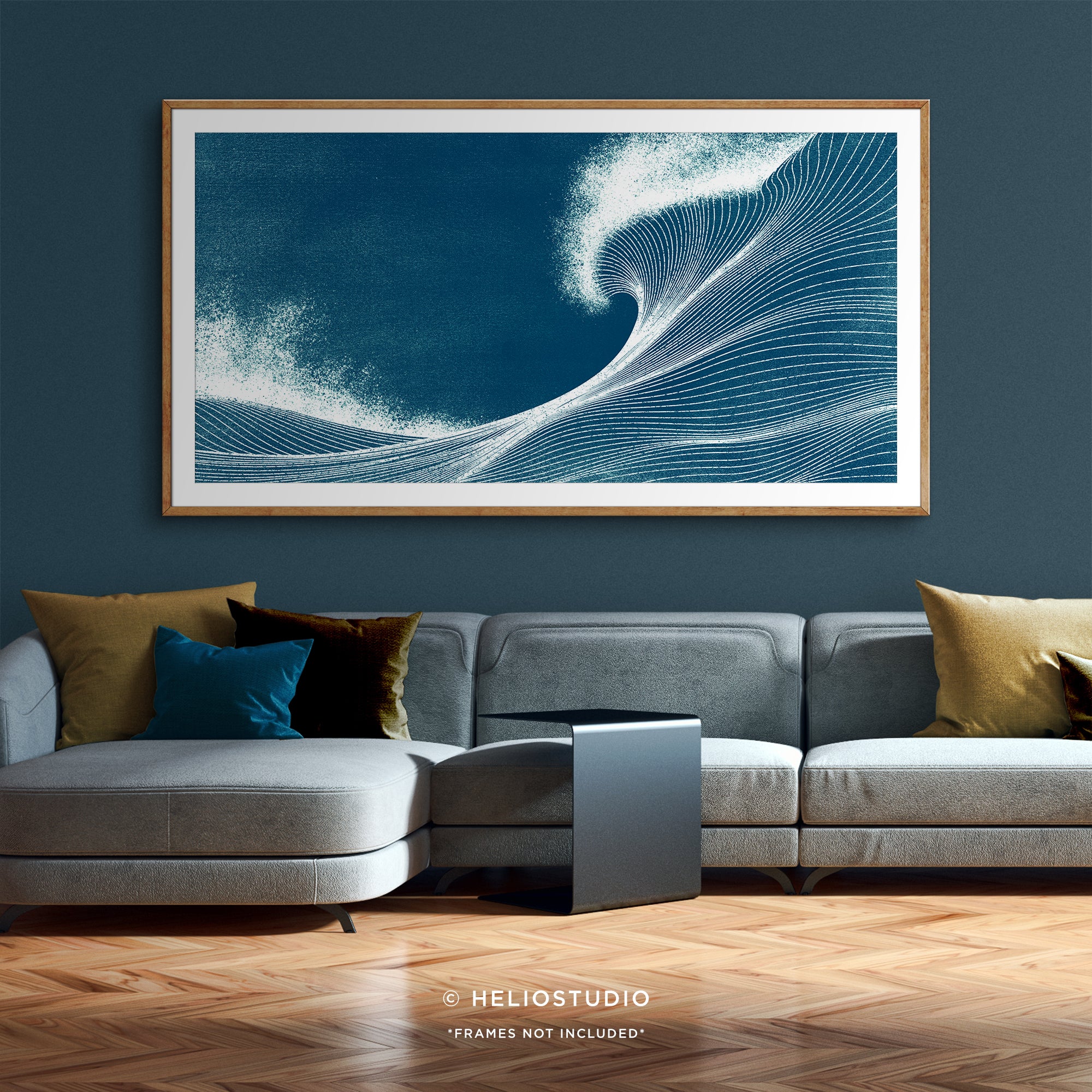 Woodcut Blue Ocean Wave – Panoramic Art Print