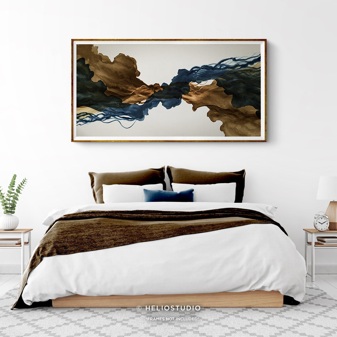 Sepia Ink Blue Abstract Flow – Panoramic Art Print
