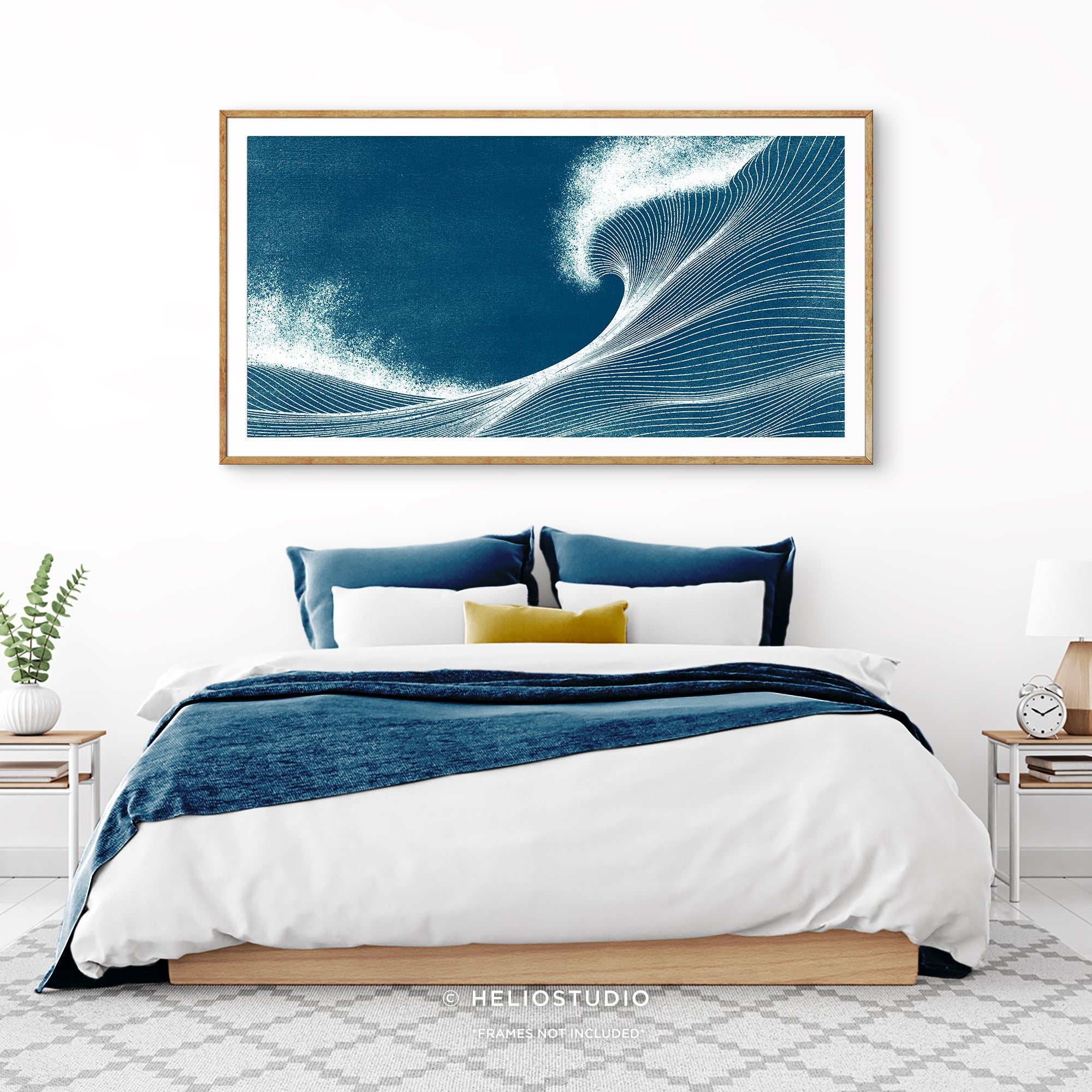 Woodcut Blue Ocean Wave – Panoramic Art Print