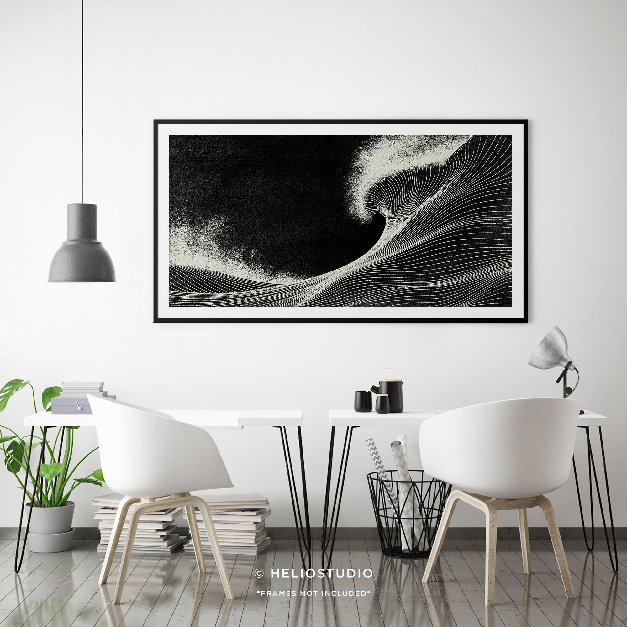 Woodcut Black Ocean Wave – Panoramic Art Print