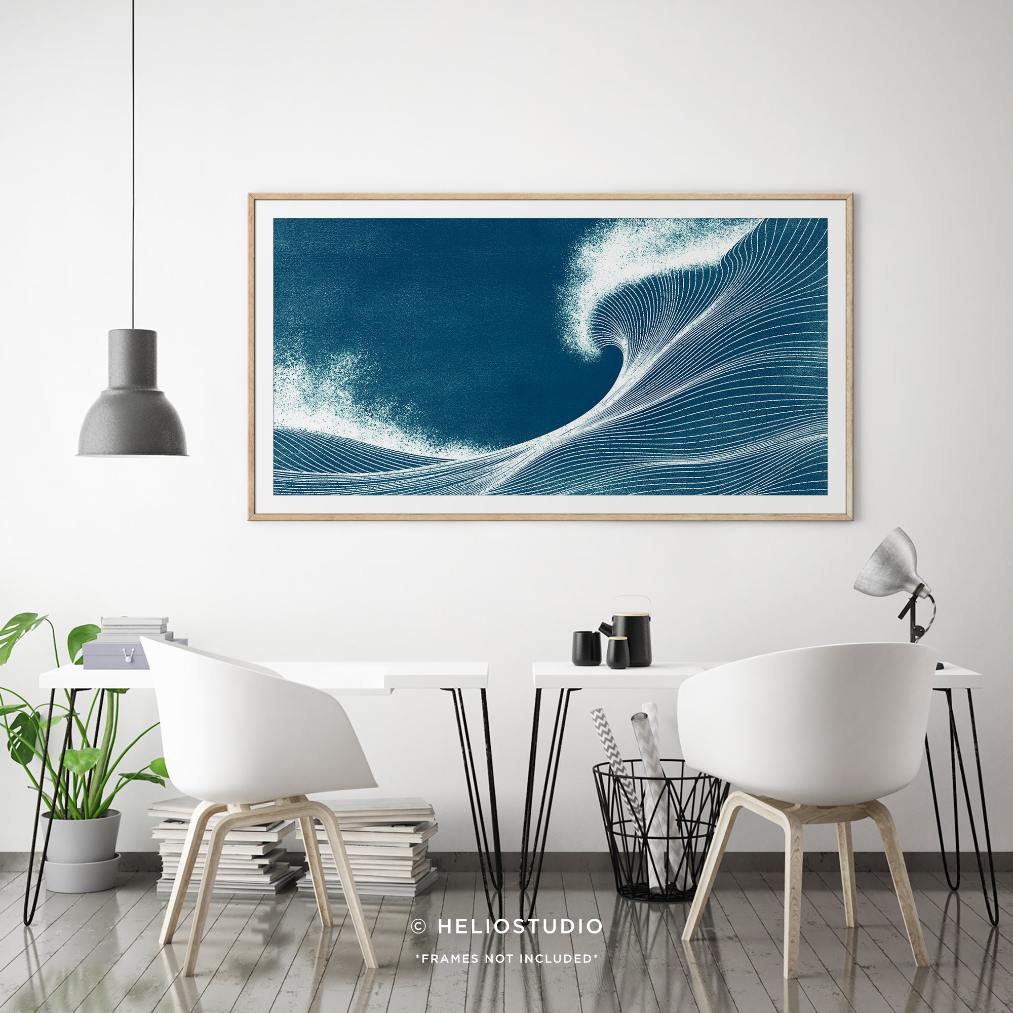 Woodcut Blue Ocean Wave – Panoramic Art Print