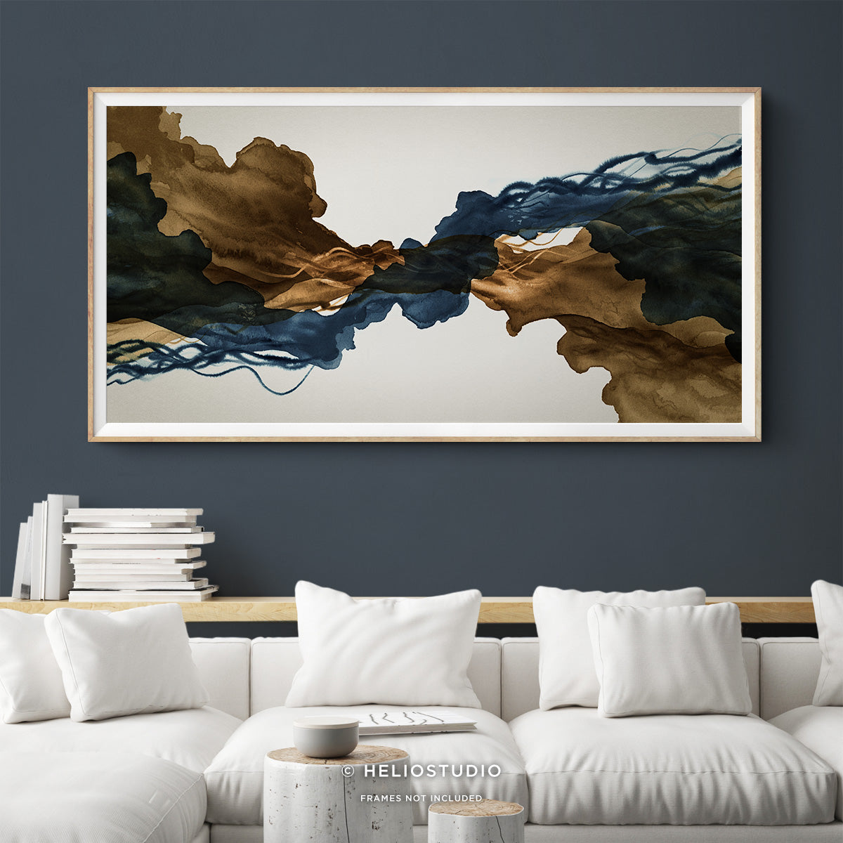 Sepia Ink Blue Abstract Flow – Panoramic Art Print