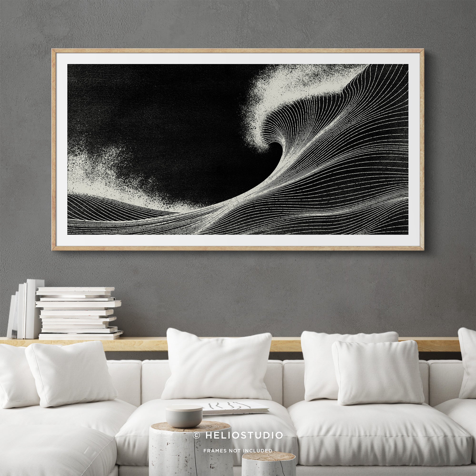 Woodcut Black Ocean Wave – Panoramic Art Print