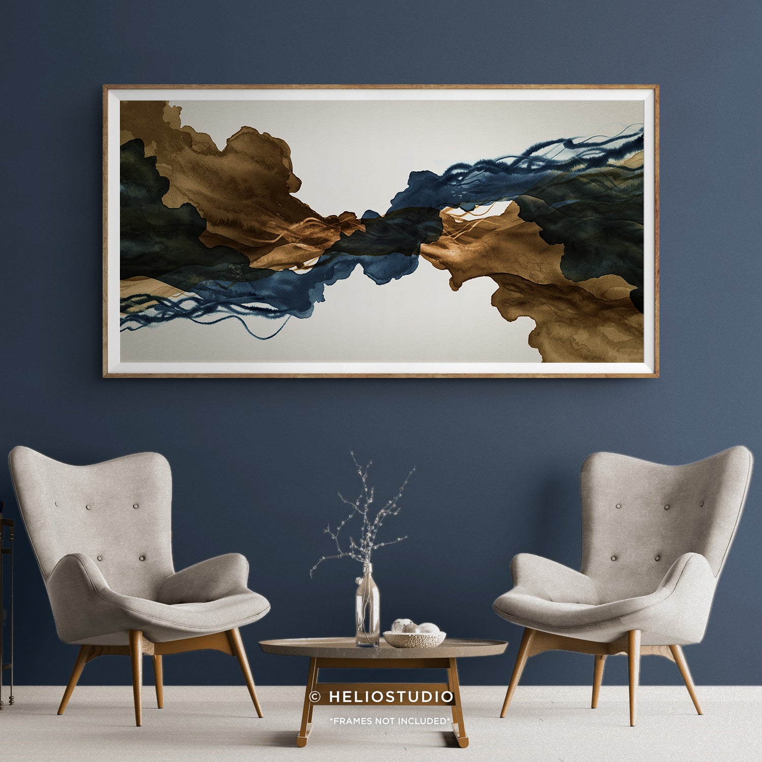 Sepia Ink Blue Abstract Flow – Panoramic Art Print