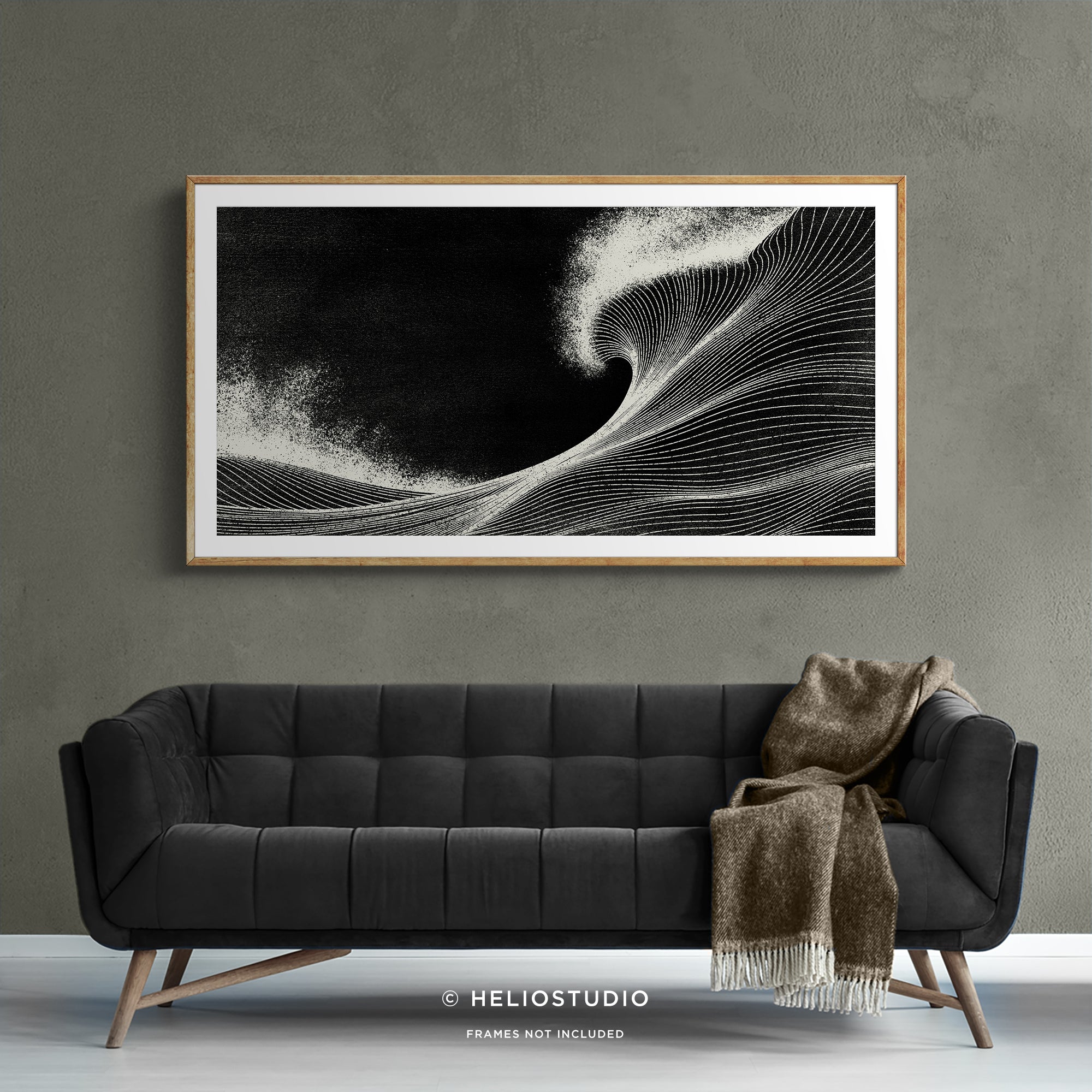 Woodcut Black Ocean Wave – Panoramic Art Print