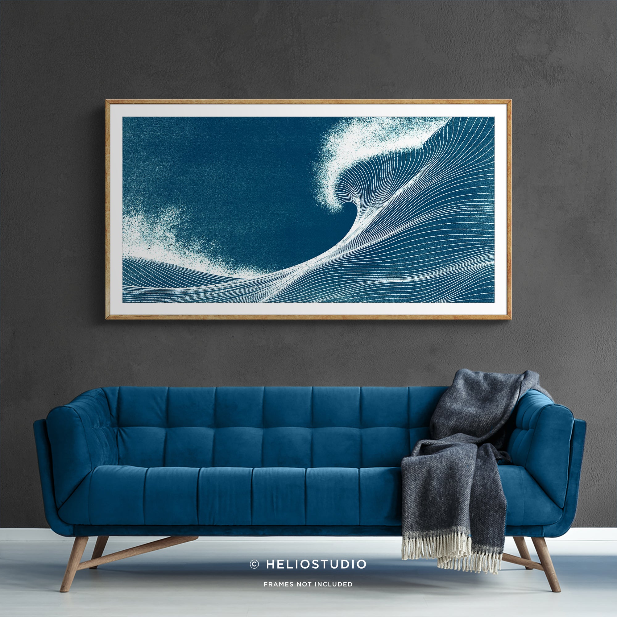 Woodcut Blue Ocean Wave – Panoramic Art Print