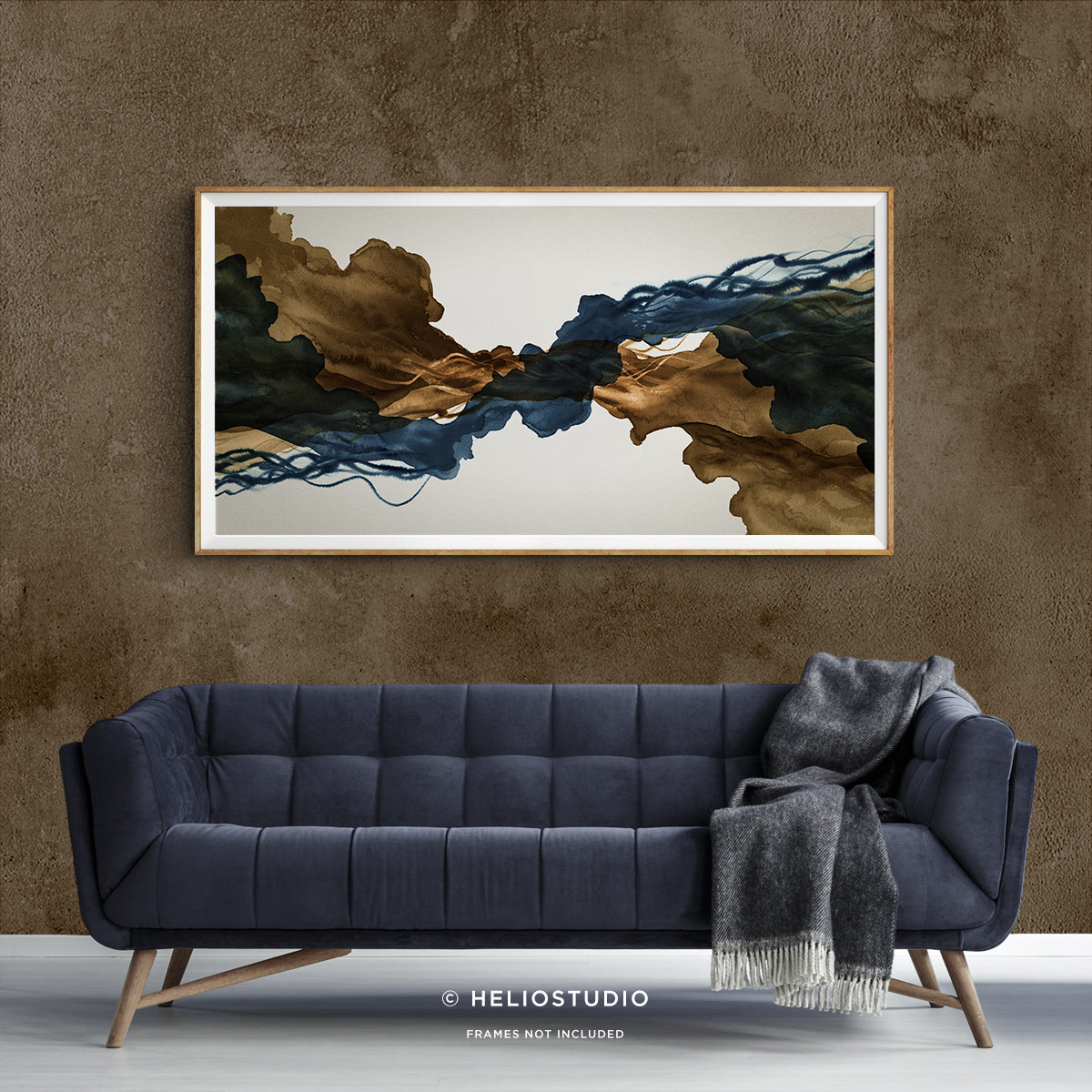 Sepia Ink Blue Abstract Flow – Panoramic Art Print