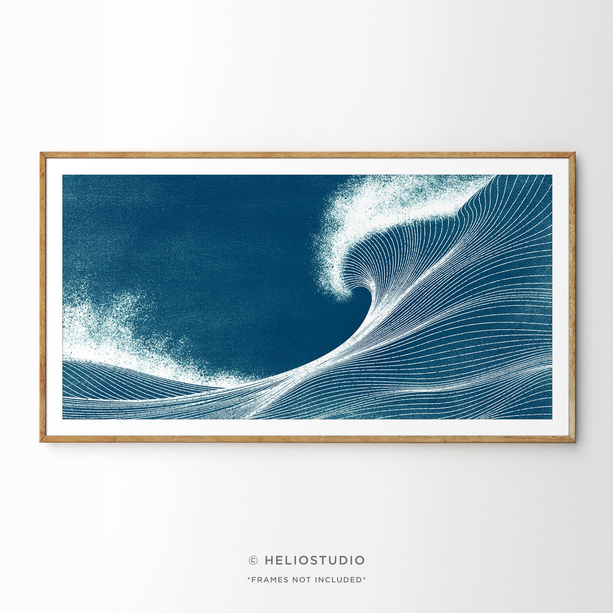 Woodcut Blue Ocean Wave – Panoramic Art Print