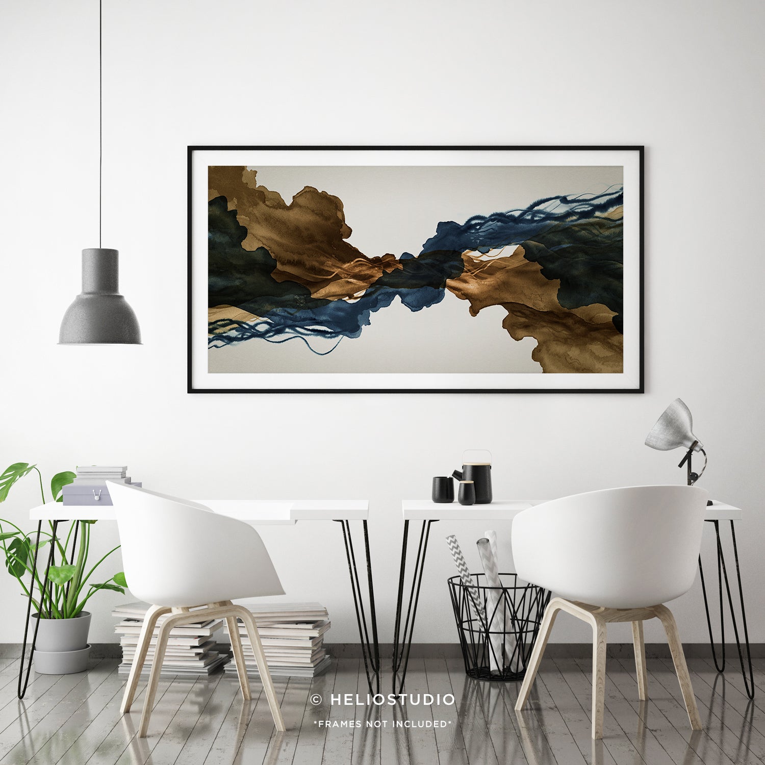 Sepia Ink Blue Abstract Flow – Panoramic Art Print