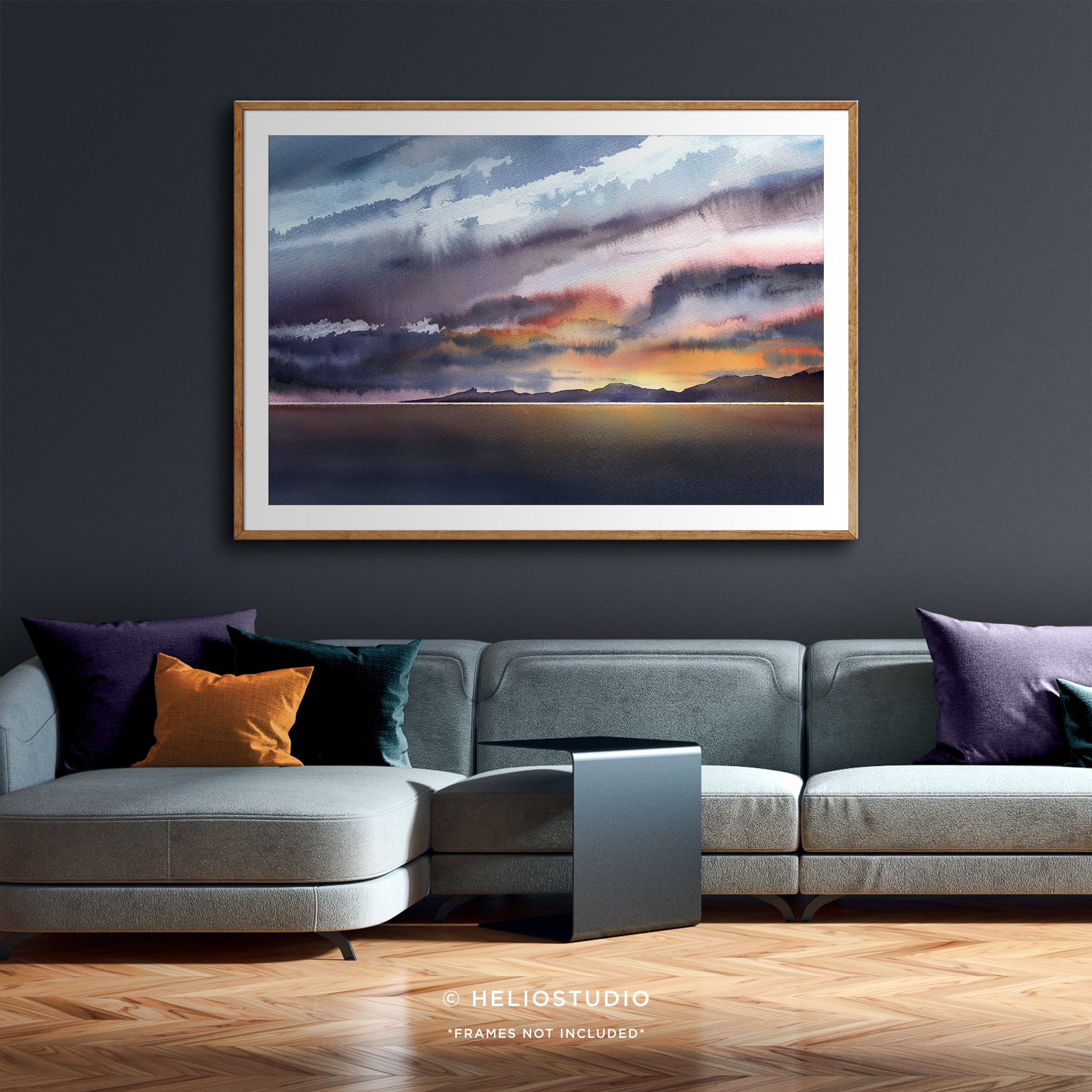 colourful watercolour sunset in wooden frame with white mount in modern style living room