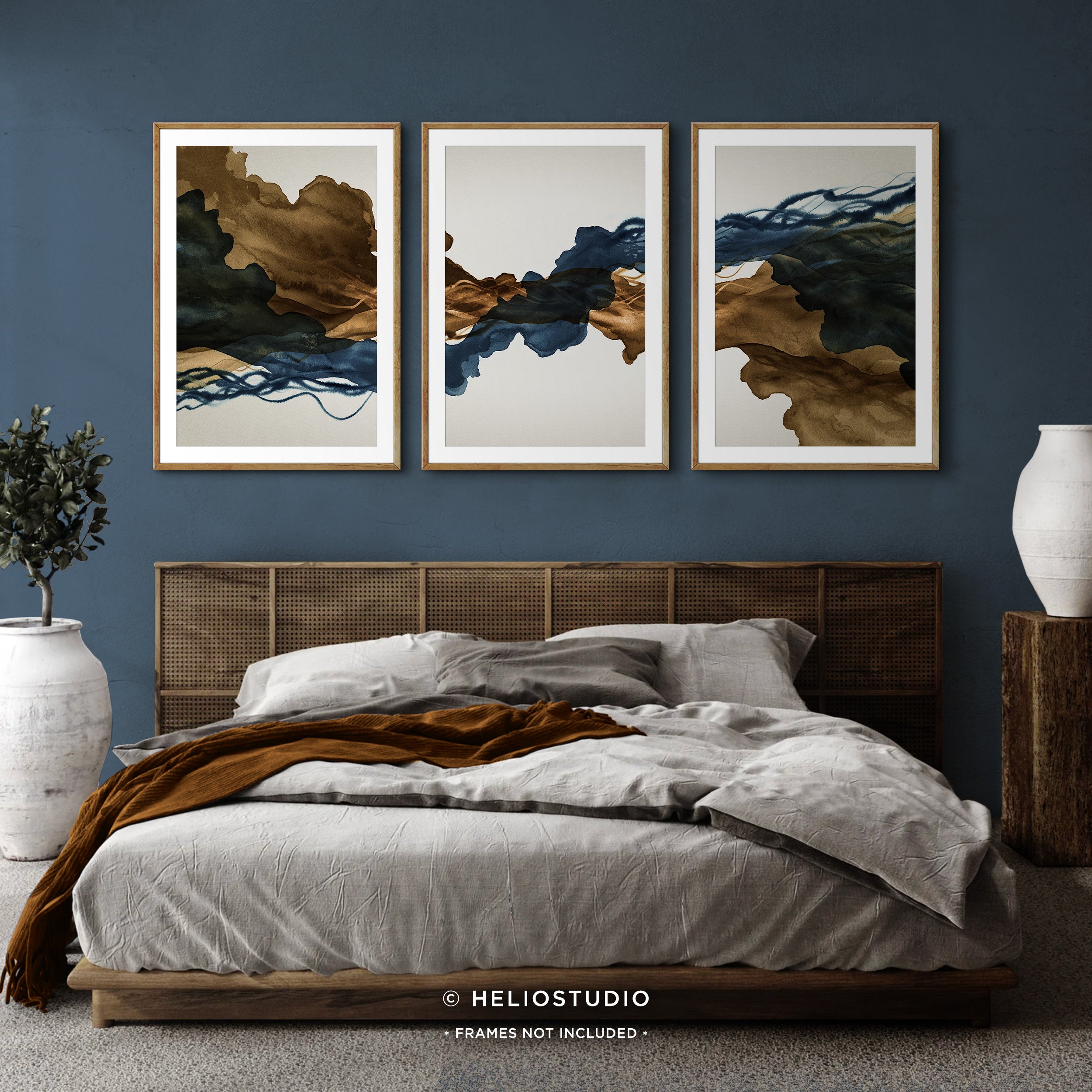Sepia Ink Blue Abstract Flow – Three Piece Wall Art