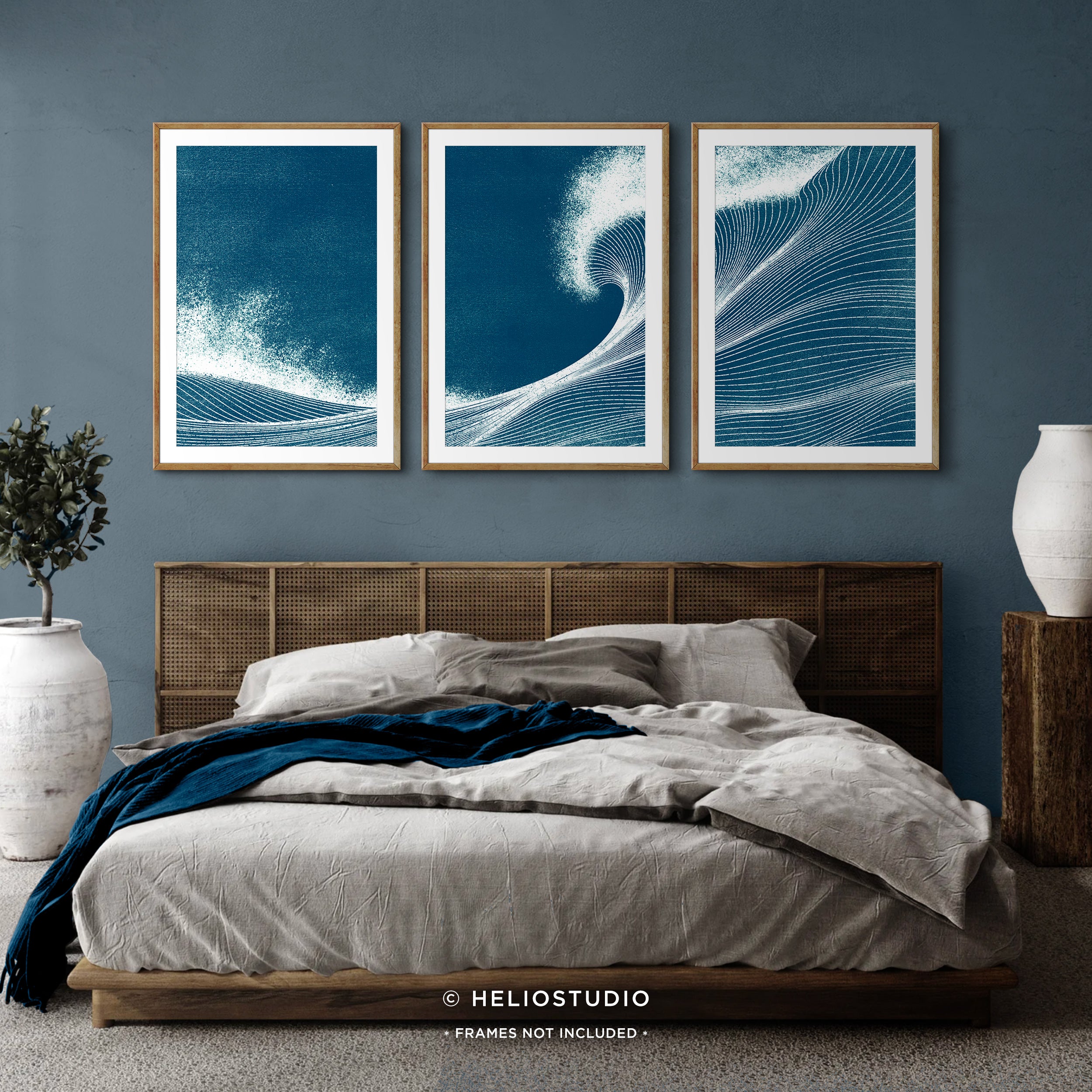 Woodcut Blue Ocean Wave – Three Piece Art Print