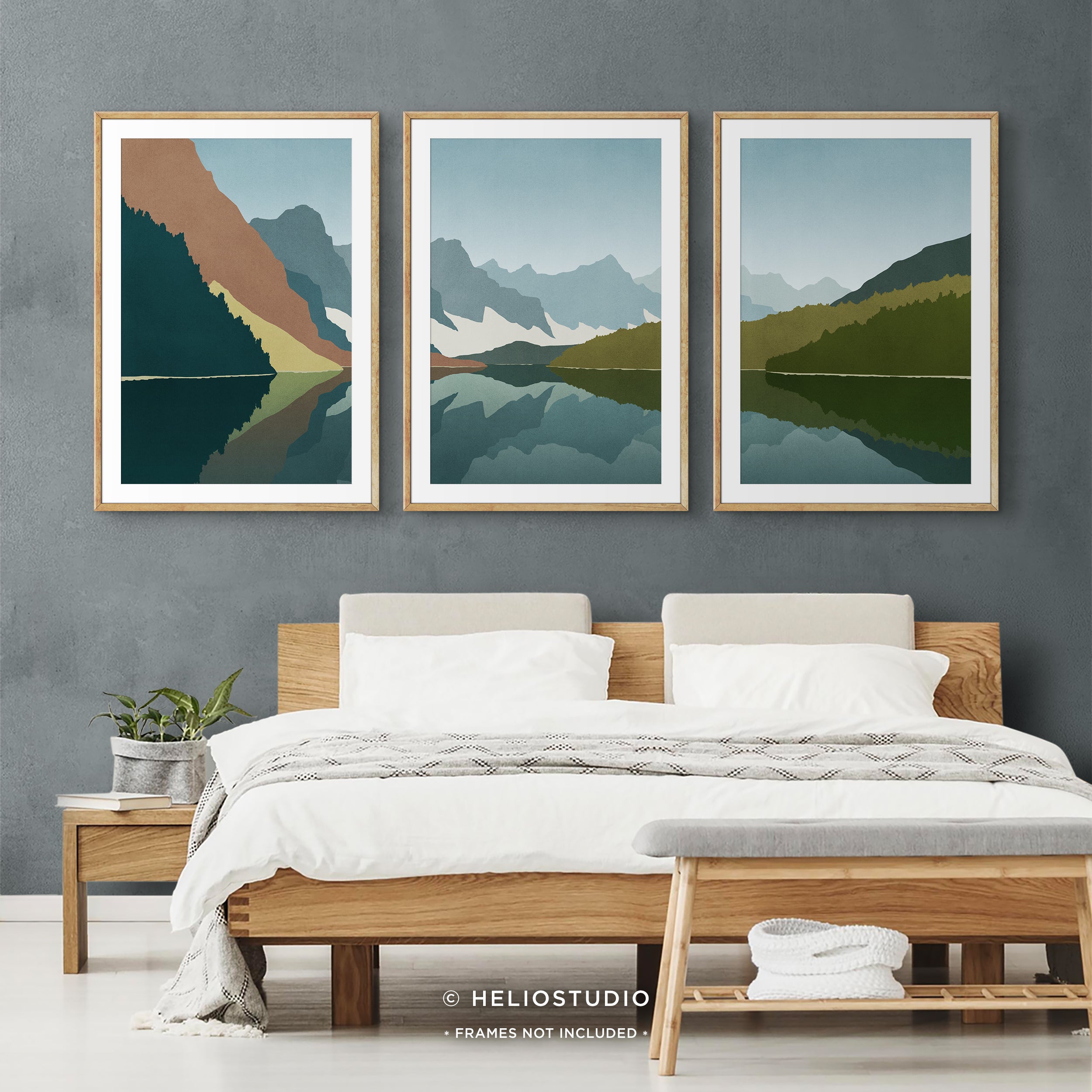 Midcentury Mountain Lake – Three Piece Wall Art