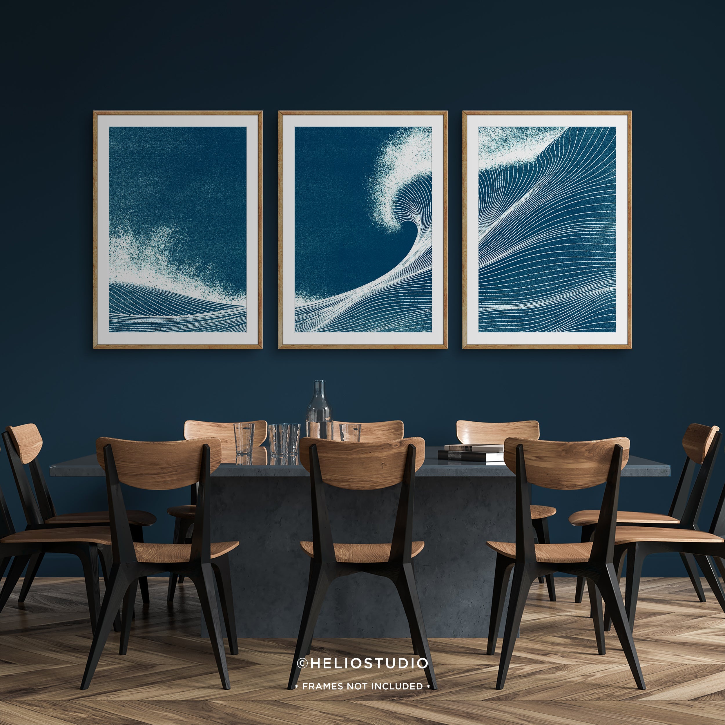 Woodcut Blue Ocean Wave – Three Piece Art Print