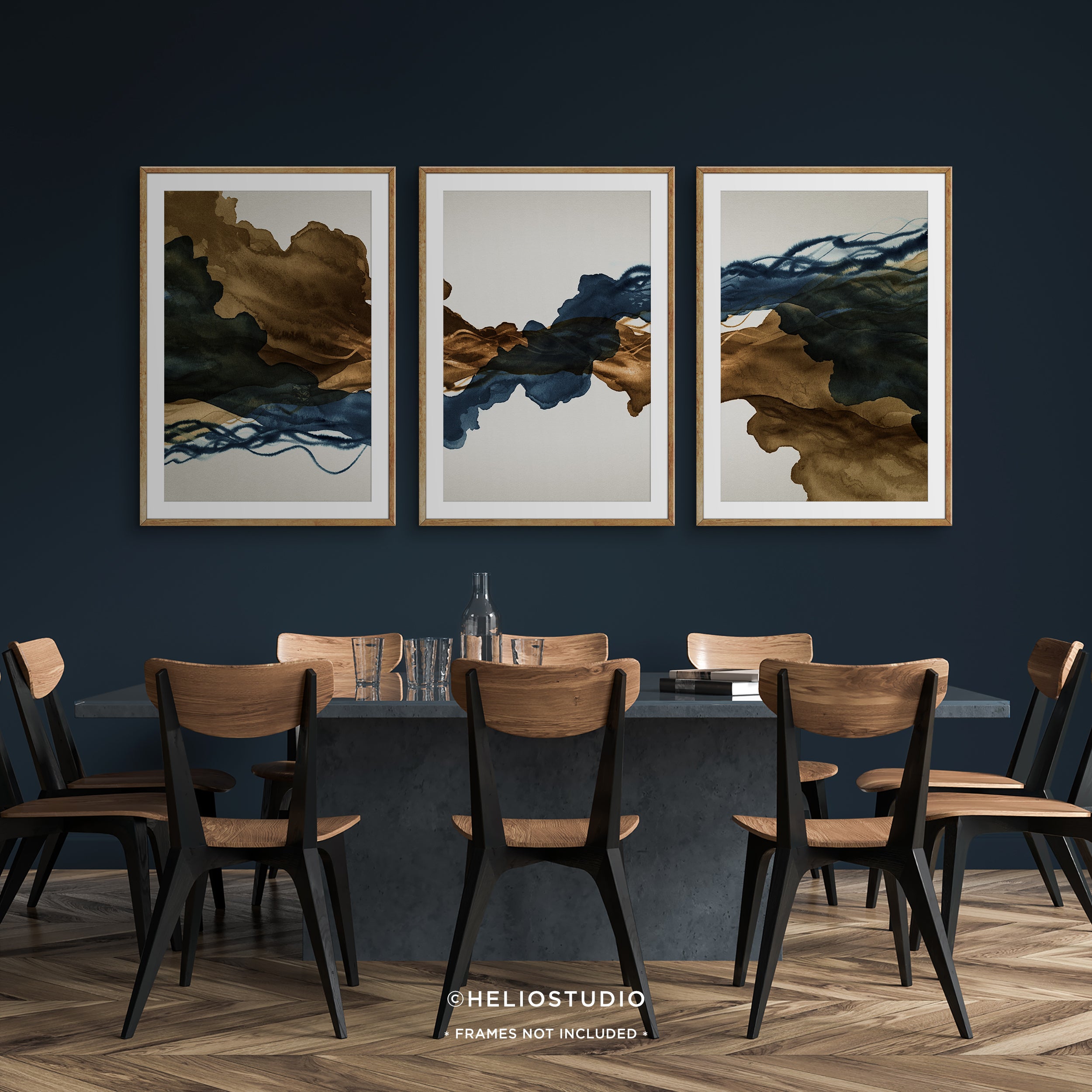 Sepia Ink Blue Abstract Flow – Three Piece Wall Art