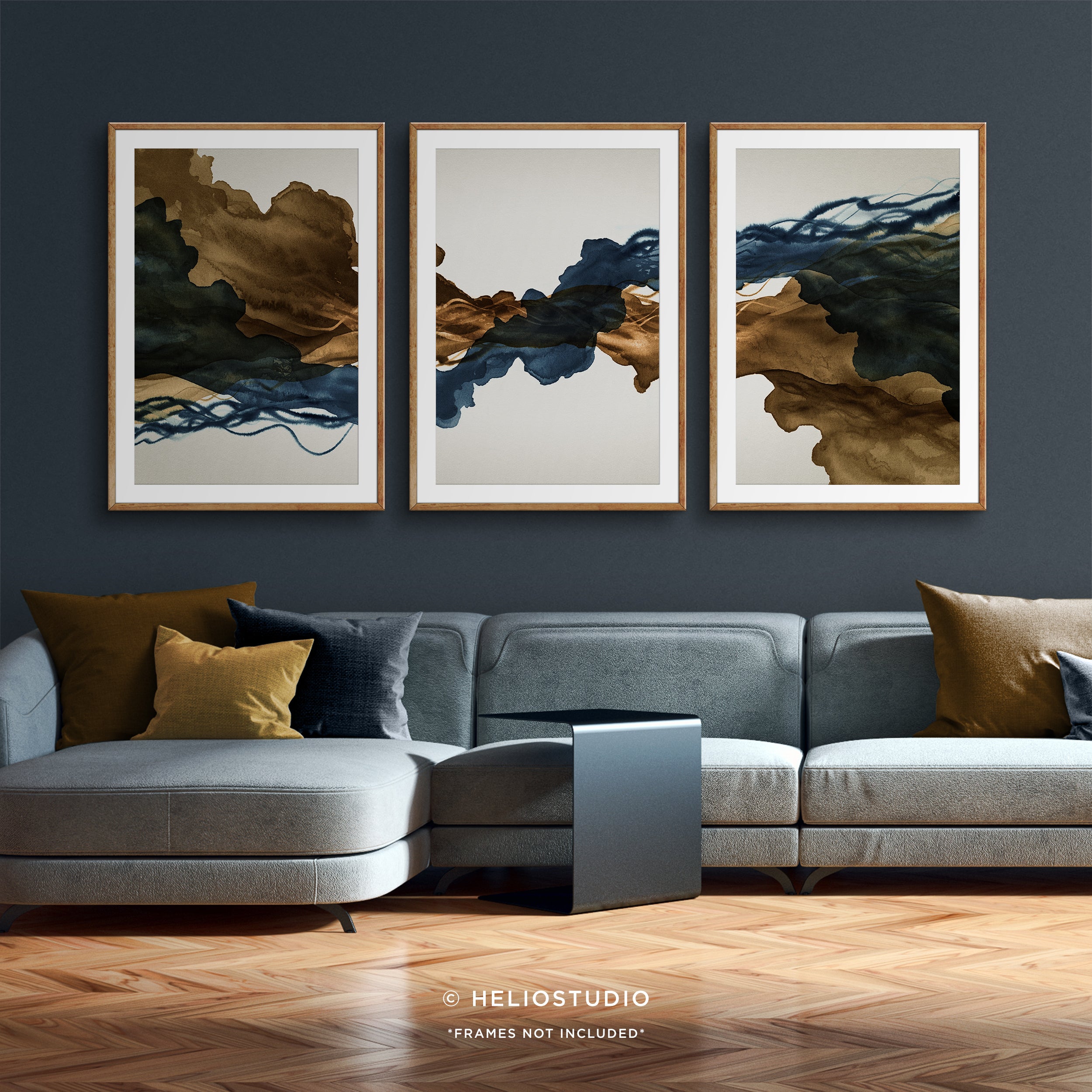 Sepia Ink Blue Abstract Flow – Three Piece Wall Art