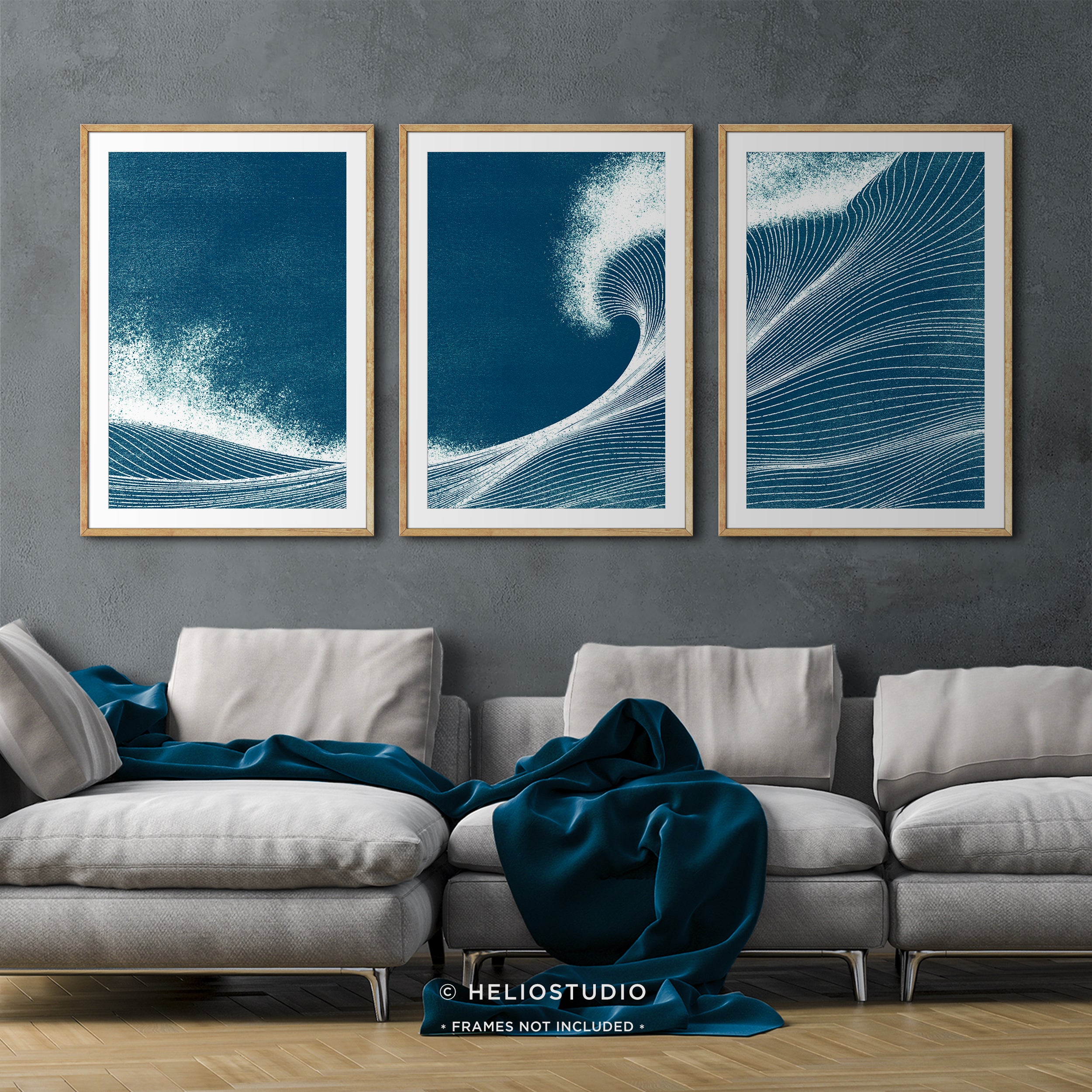Woodcut Blue Ocean Wave – Three Piece Art Print