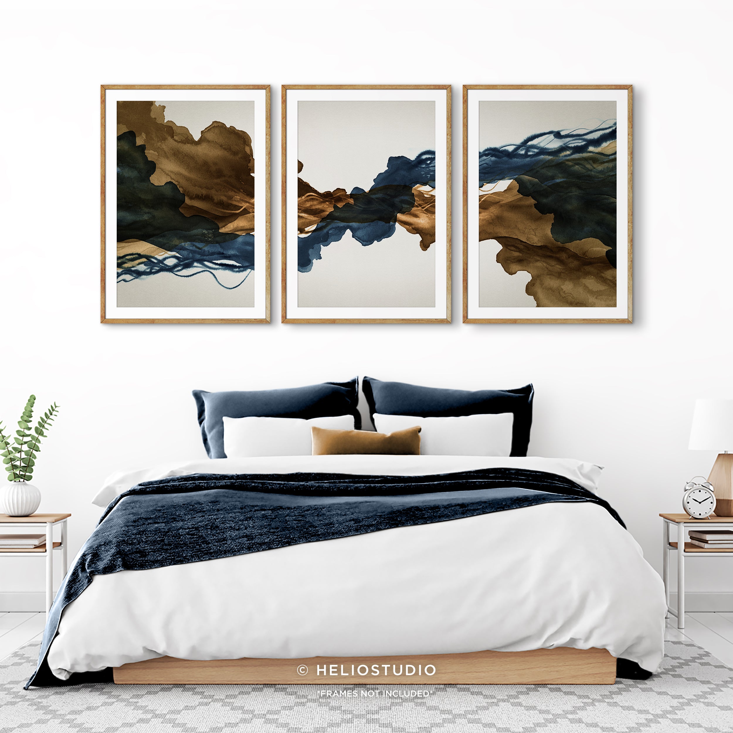 Sepia Ink Blue Abstract Flow – Three Piece Wall Art
