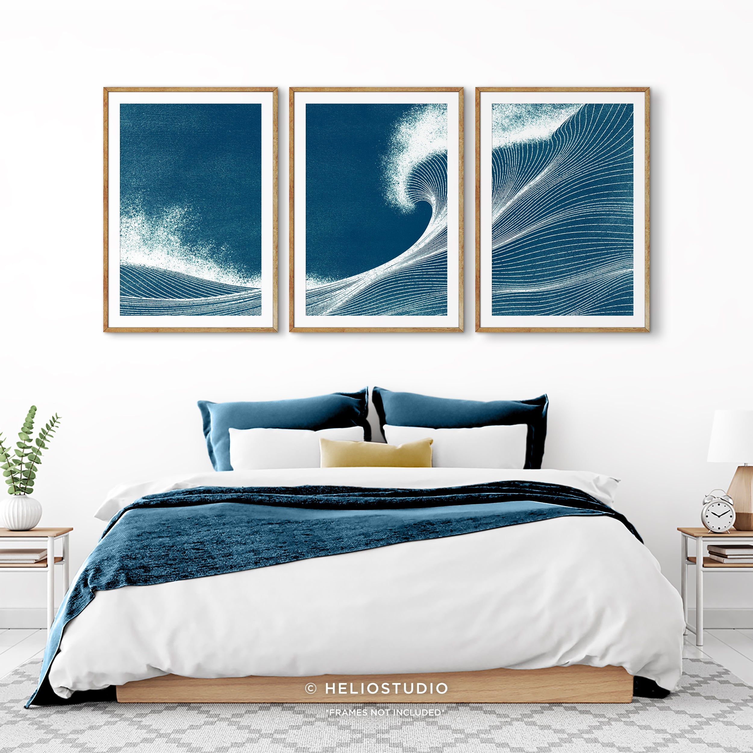 Woodcut Blue Ocean Wave – Three Piece Art Print