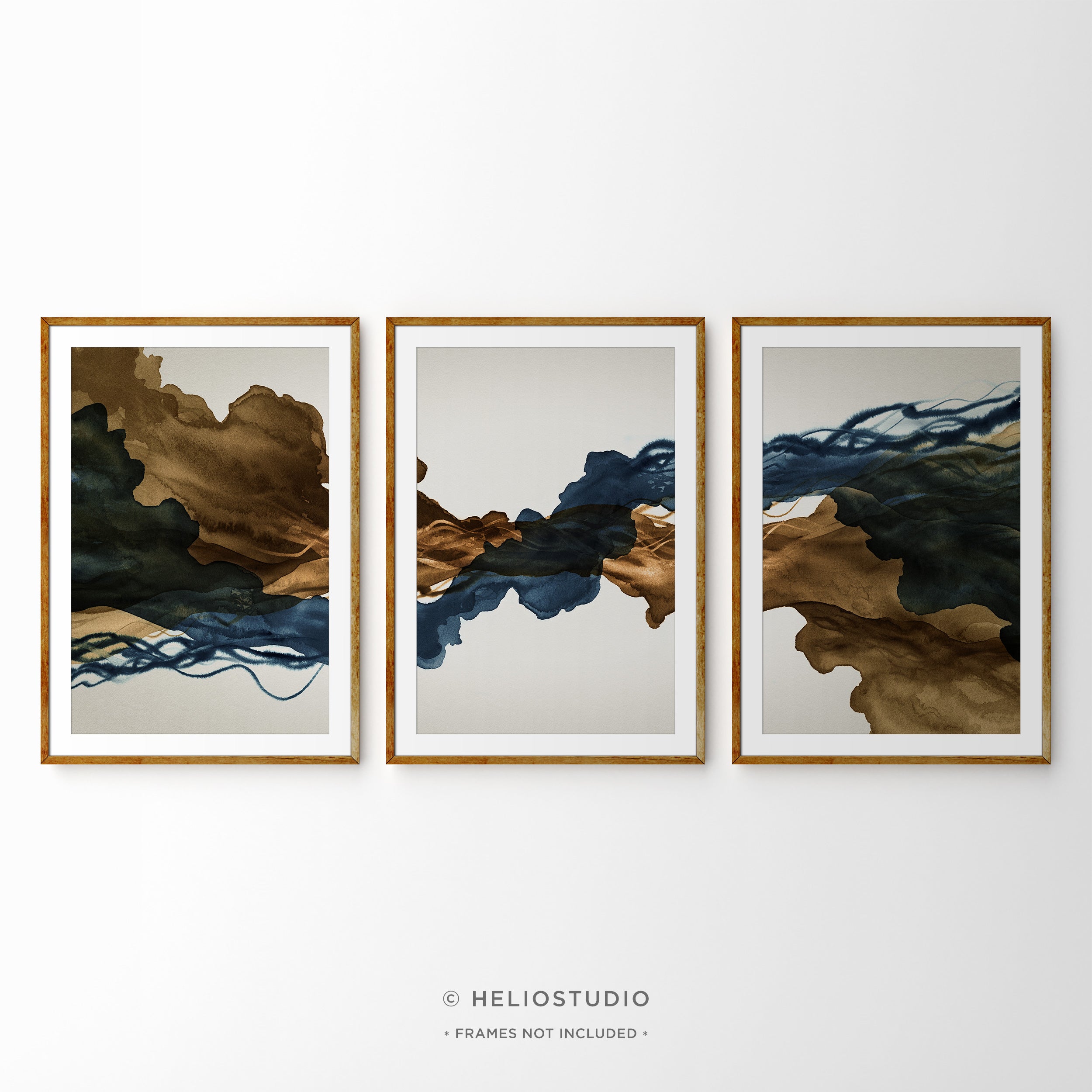 Sepia Ink Blue Abstract Flow – Three Piece Wall Art