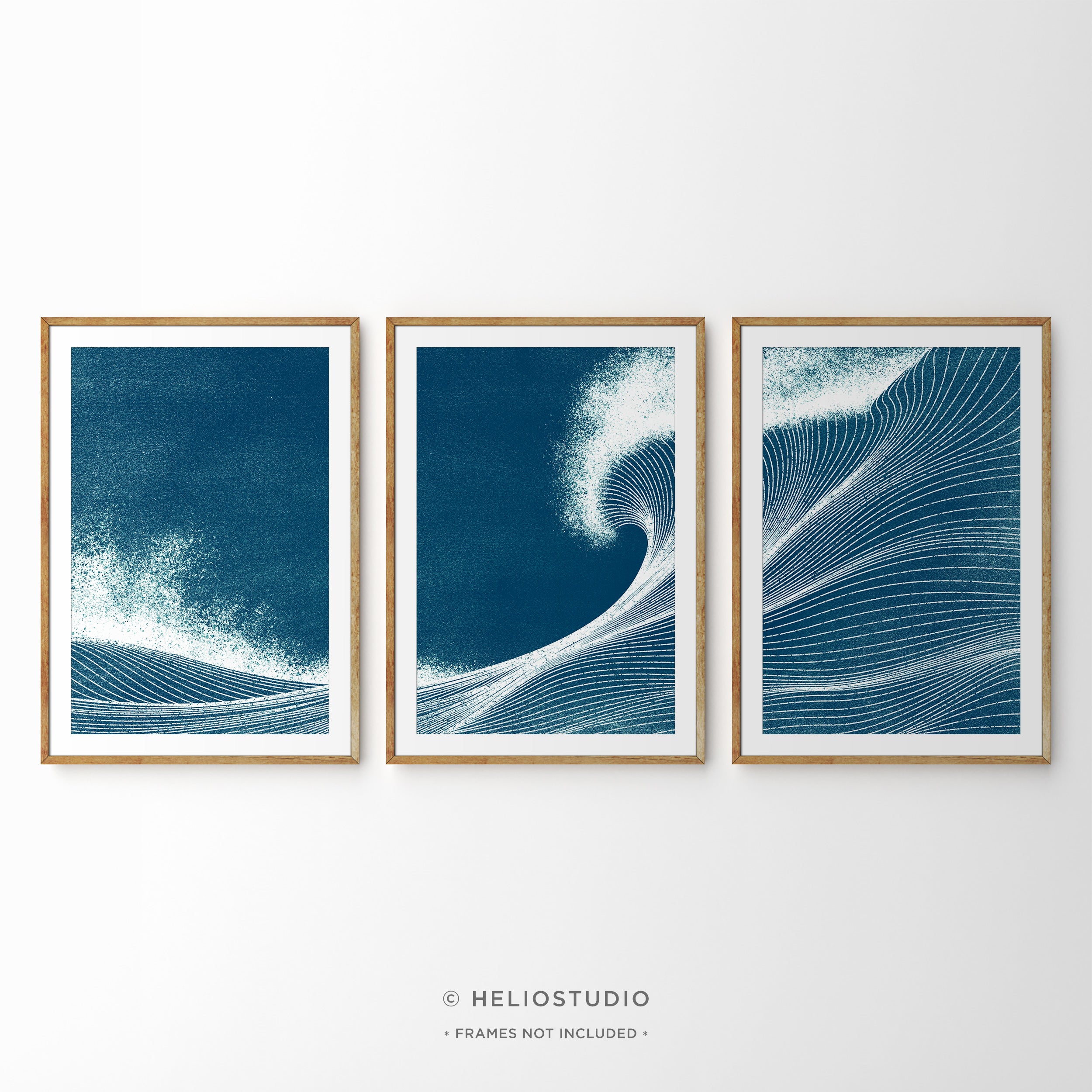 Woodcut Blue Ocean Wave – Three Piece Art Print