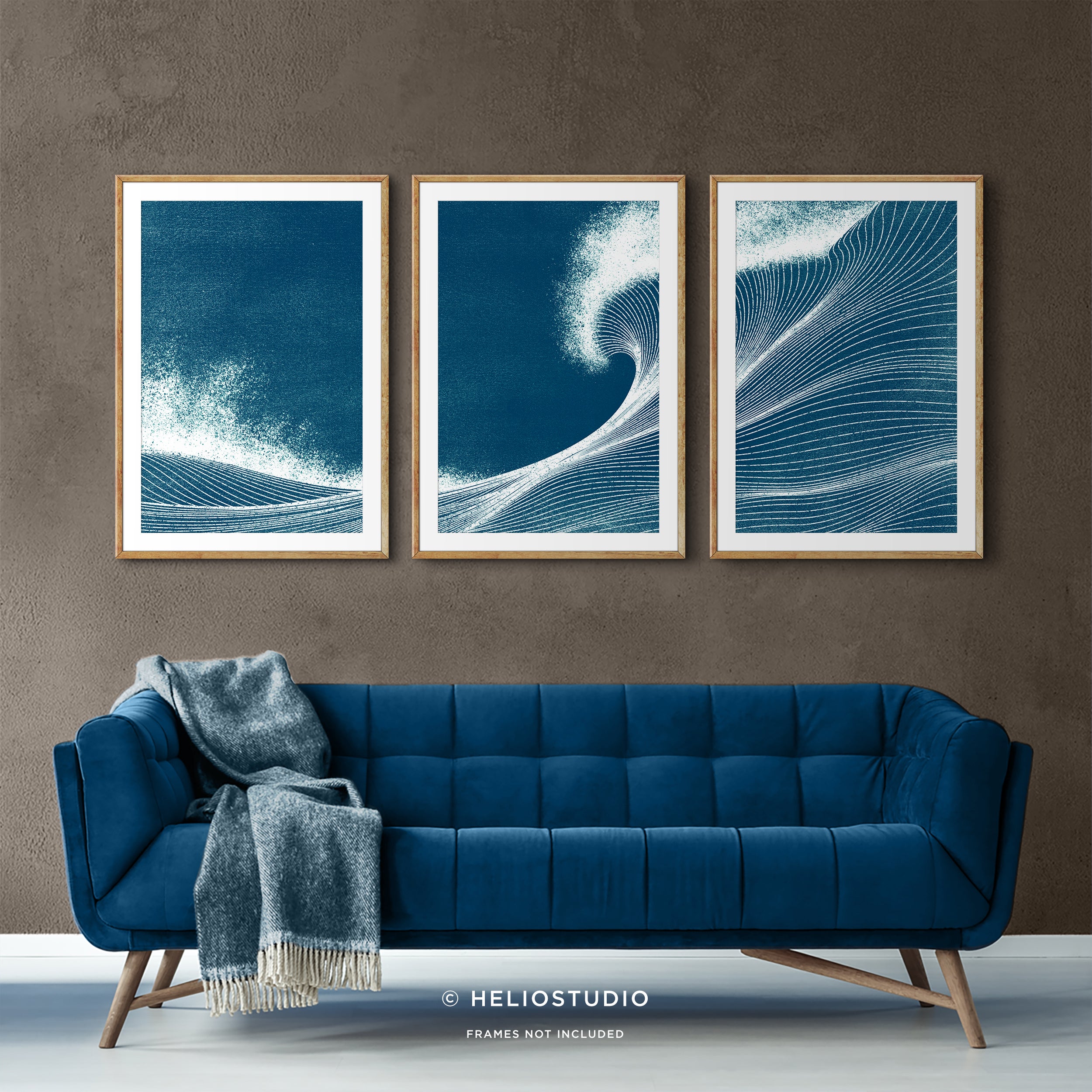 Woodcut Blue Ocean Wave – Three Piece Art Print