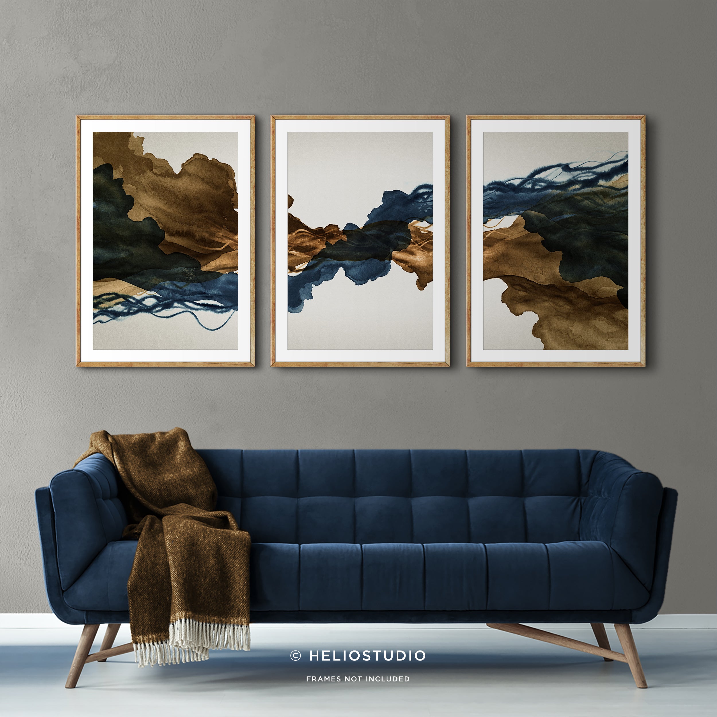 Sepia Ink Blue Abstract Flow – Three Piece Wall Art