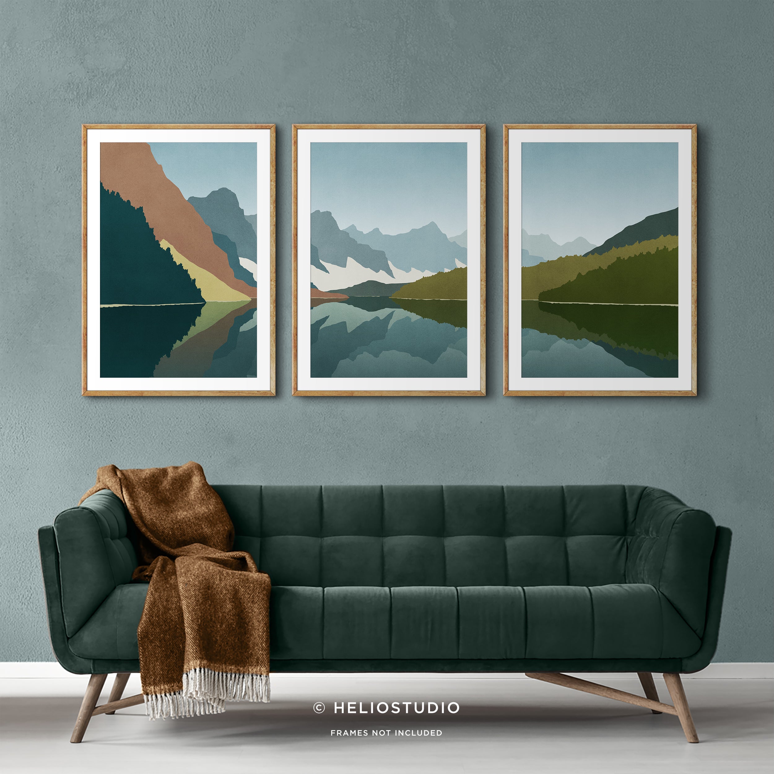 Midcentury Mountain Lake – Three Piece Wall Art
