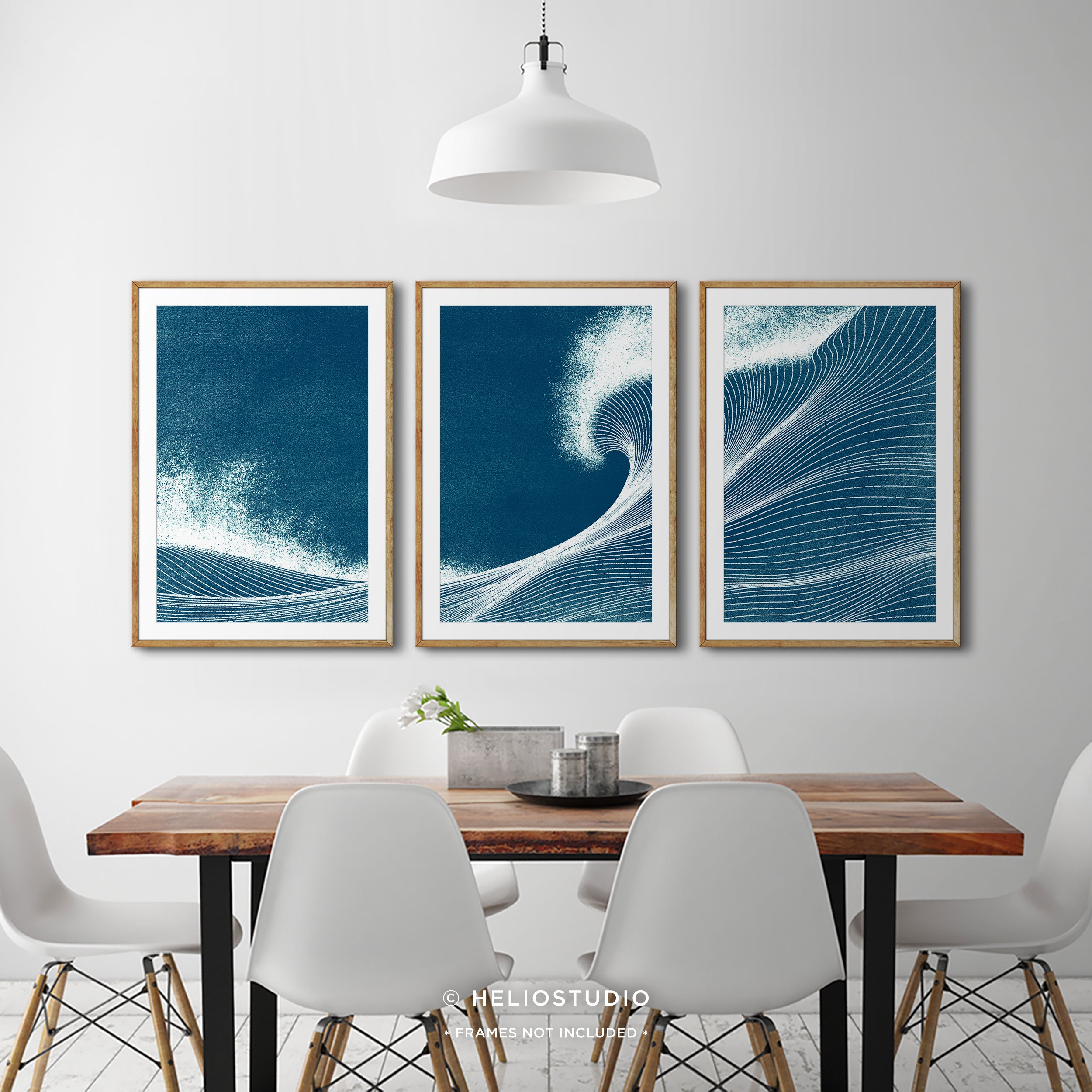 Woodcut Blue Ocean Wave – Three Piece Art Print