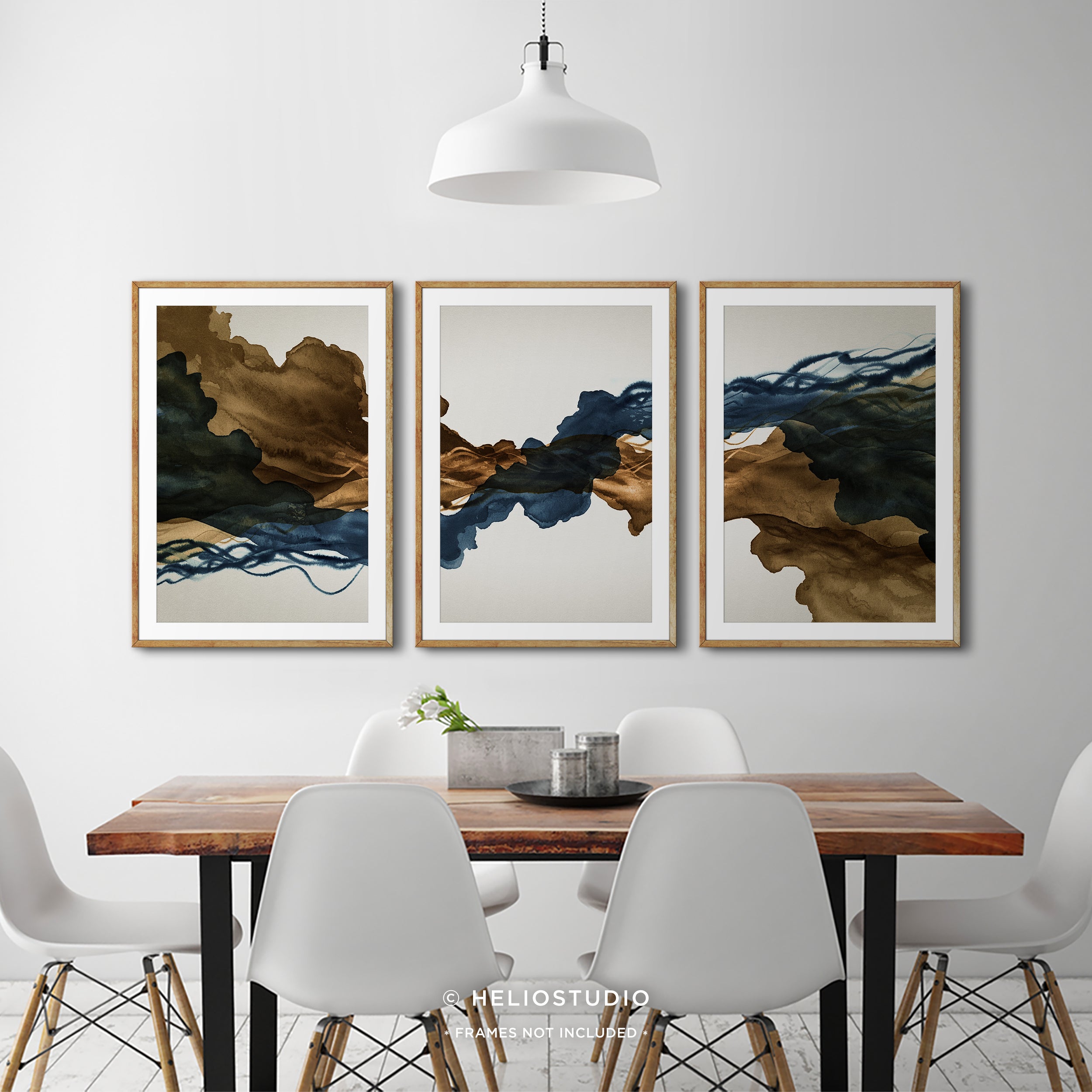 Sepia Ink Blue Abstract Flow – Three Piece Wall Art