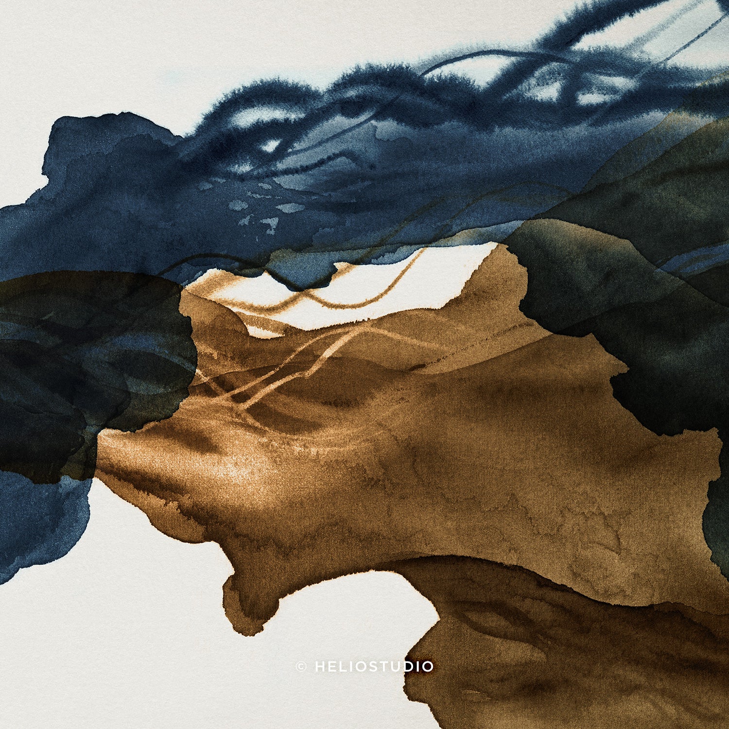 Sepia Ink Blue Abstract Flow – Panoramic Art Print