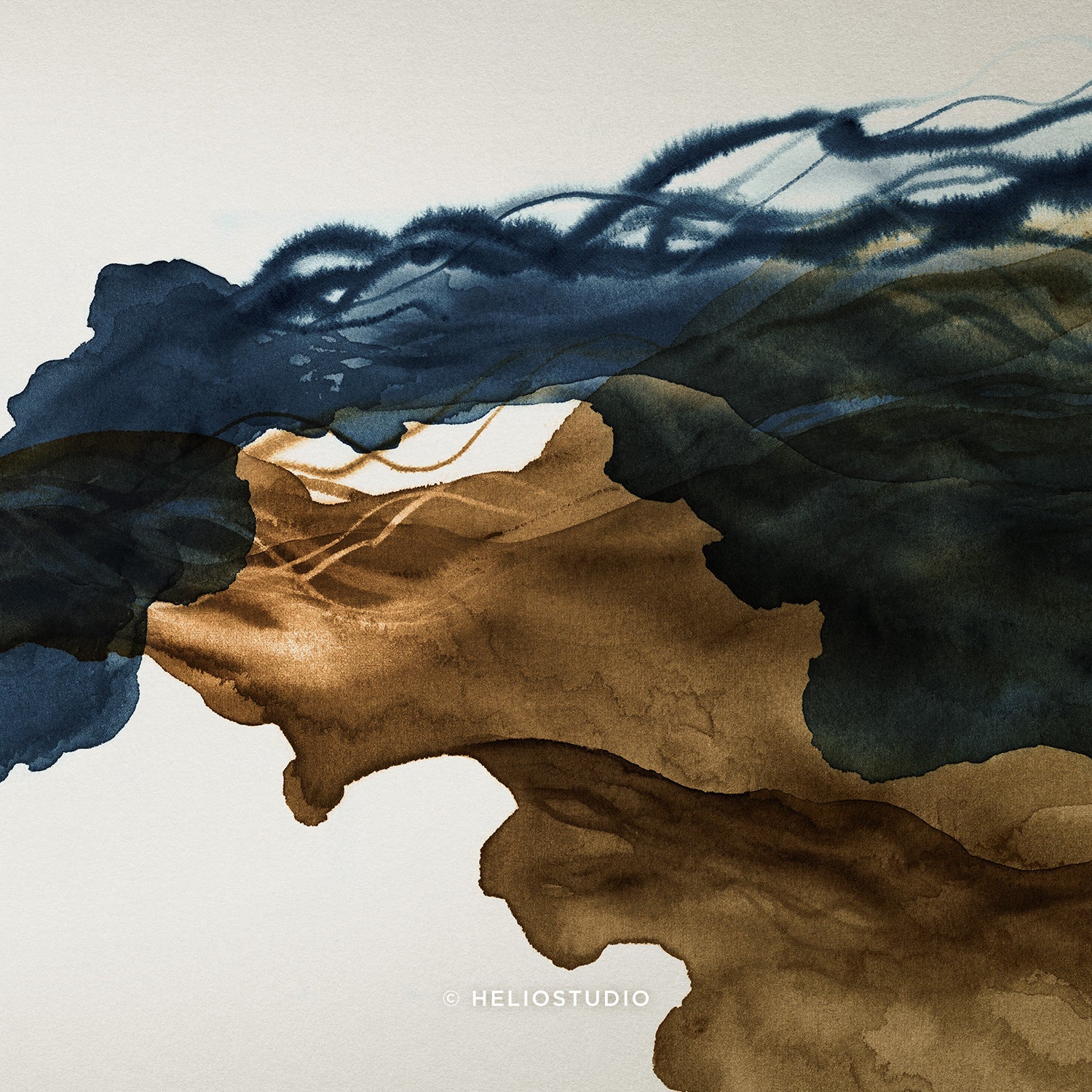 Sepia Ink Blue Abstract Flow – Two Piece Art Print