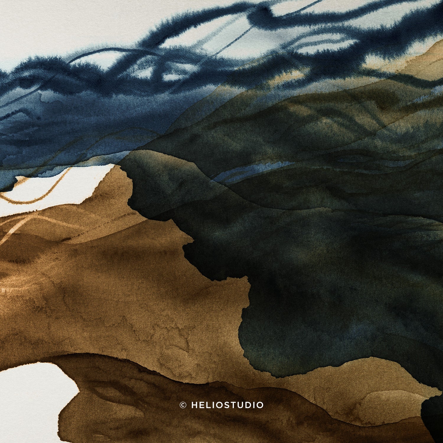 Sepia Ink Blue Abstract Flow – Three Piece Wall Art