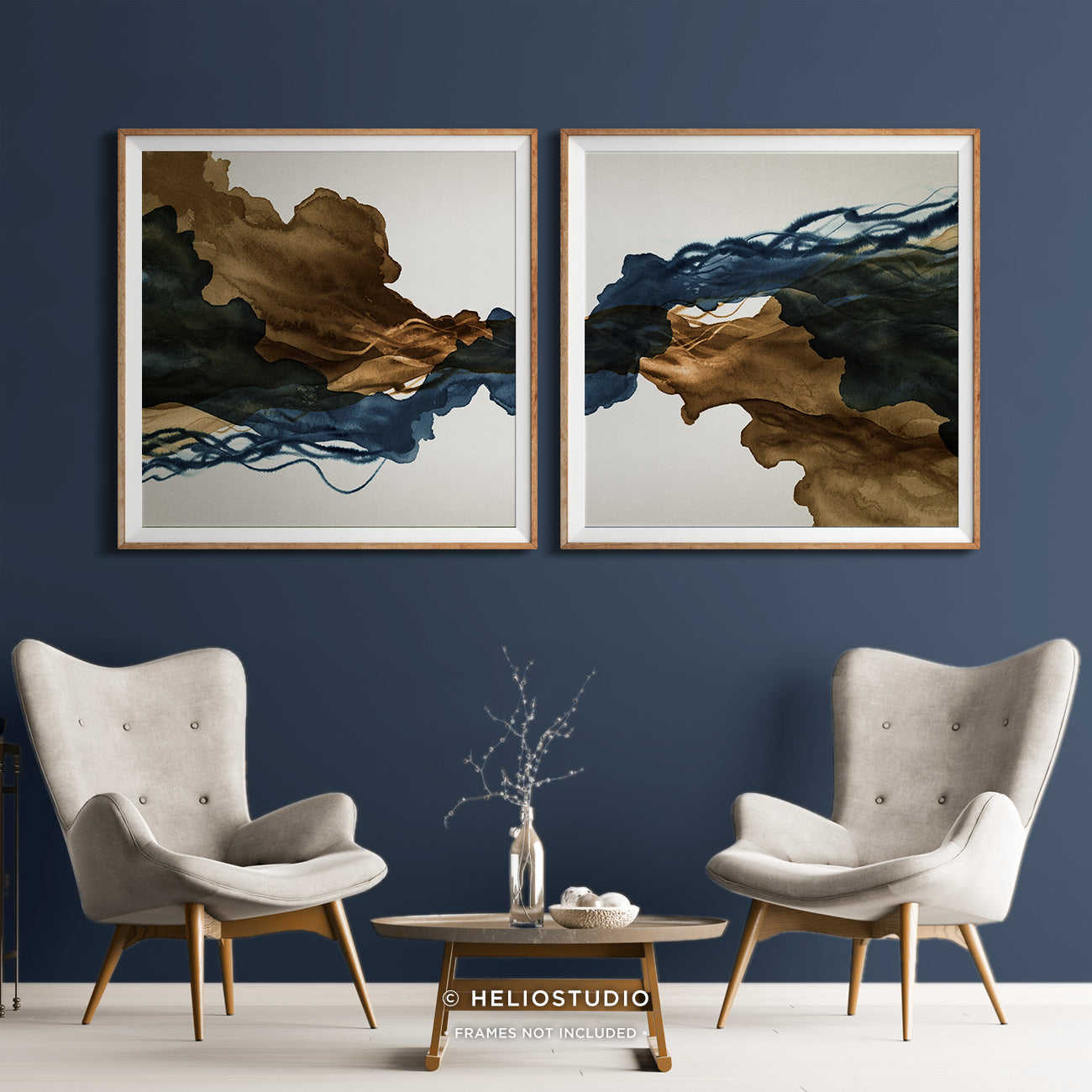 Sepia Ink Blue Abstract Flow – Two Piece Art Print