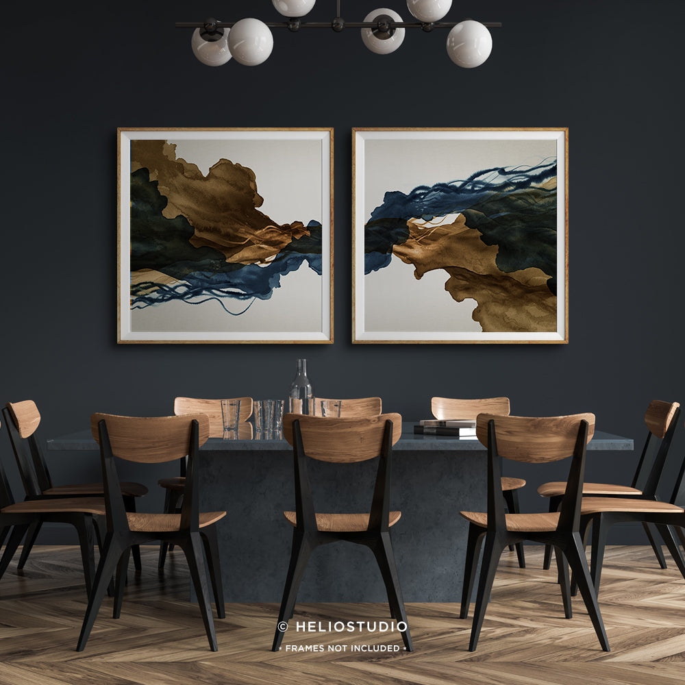 Sepia Ink Blue Abstract Flow – Two Piece Art Print