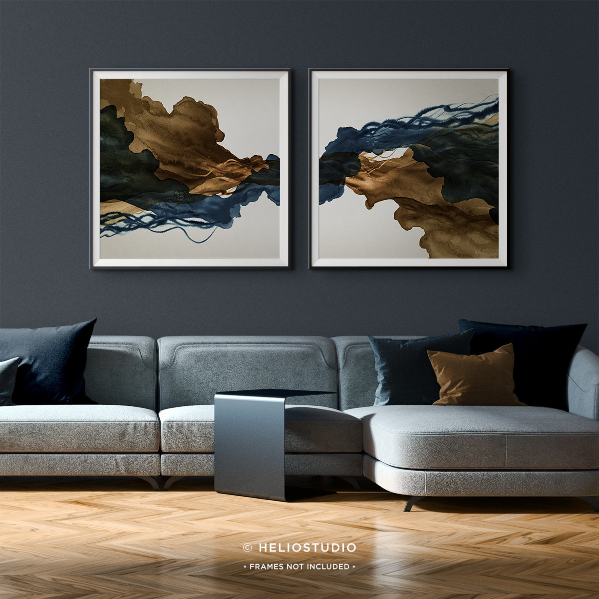 Sepia Ink Blue Abstract Flow – Two Piece Art Print
