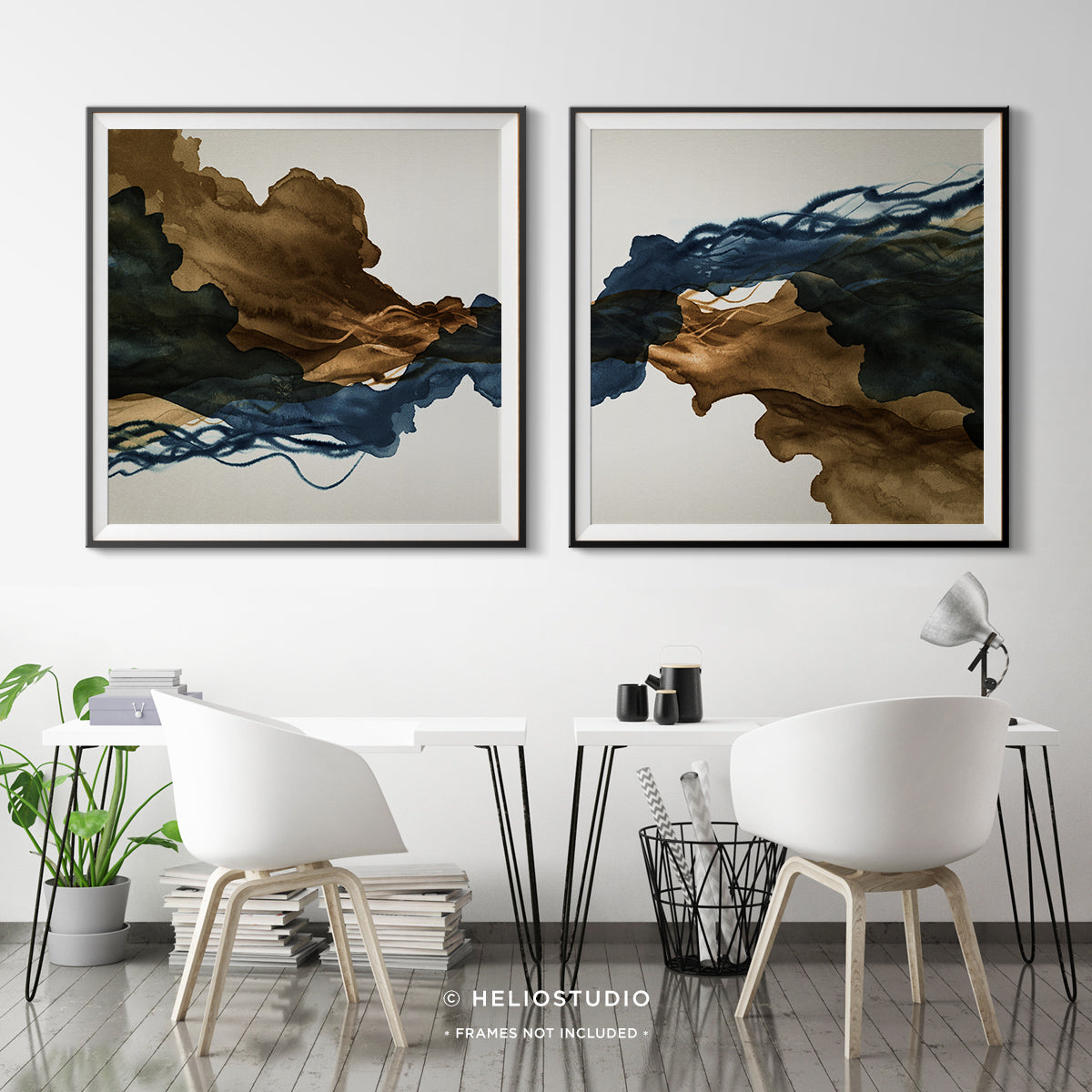 Sepia Ink Blue Abstract Flow – Two Piece Art Print