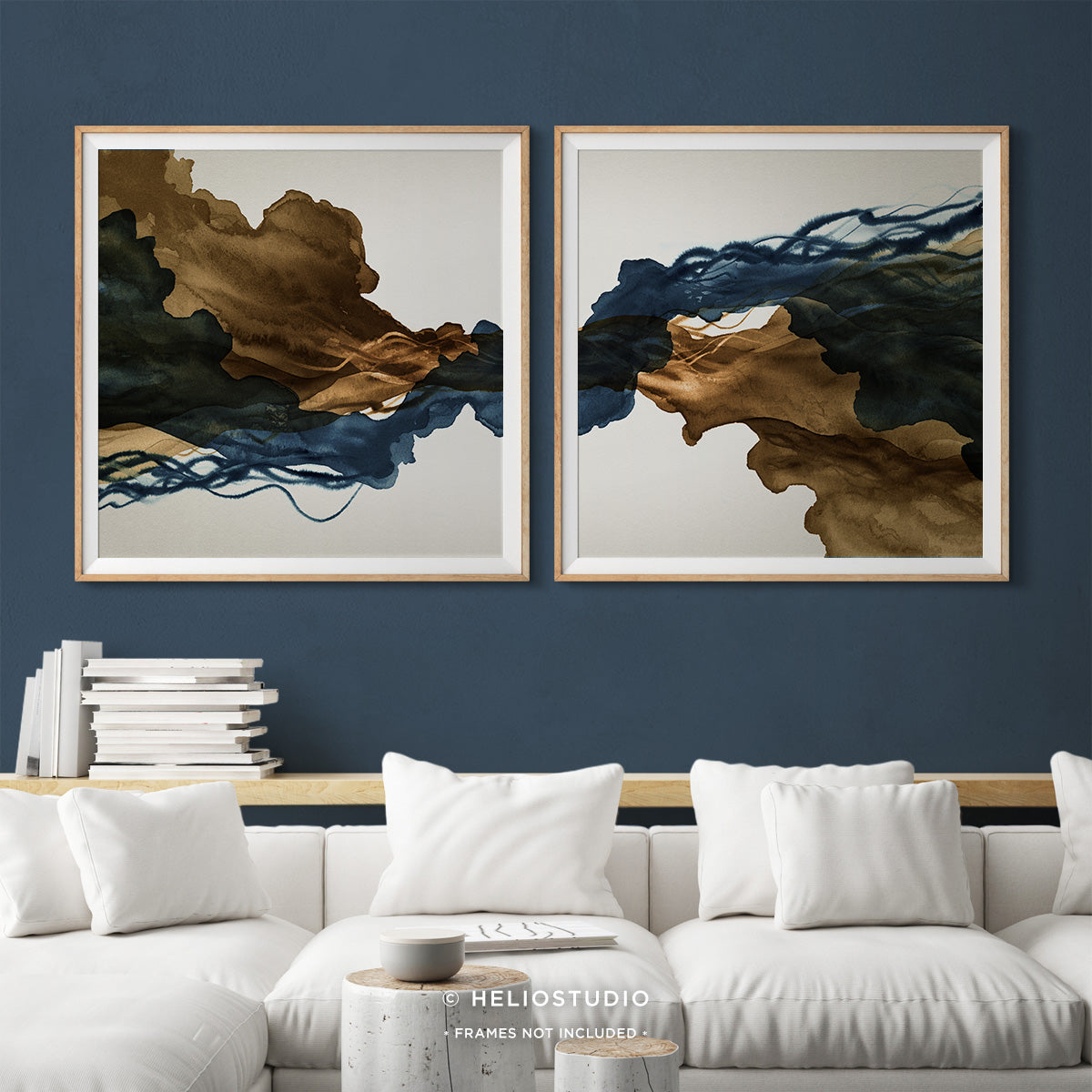 Sepia Ink Blue Abstract Flow – Two Piece Art Print