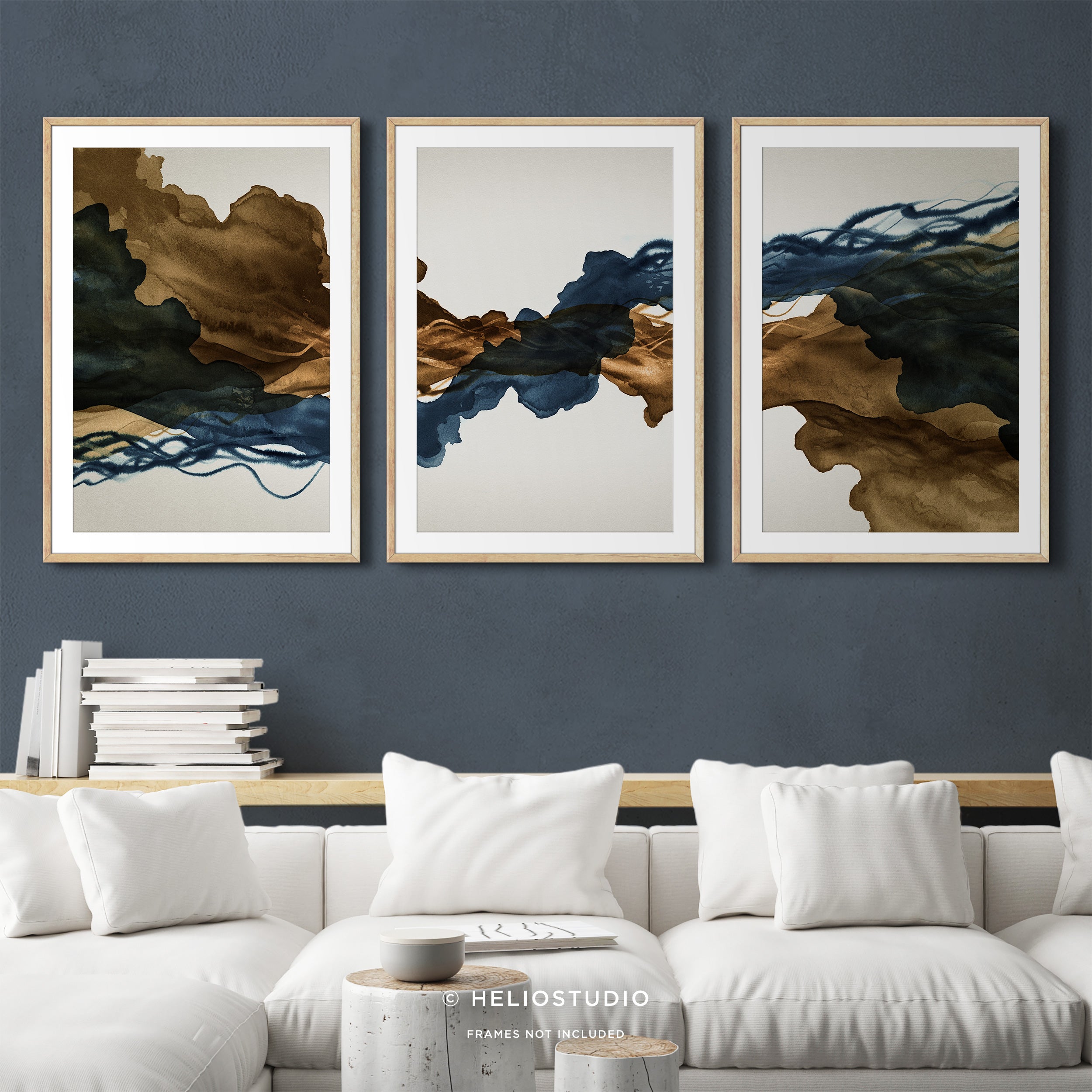 Sepia Ink Blue Abstract Flow – Three Piece Wall Art