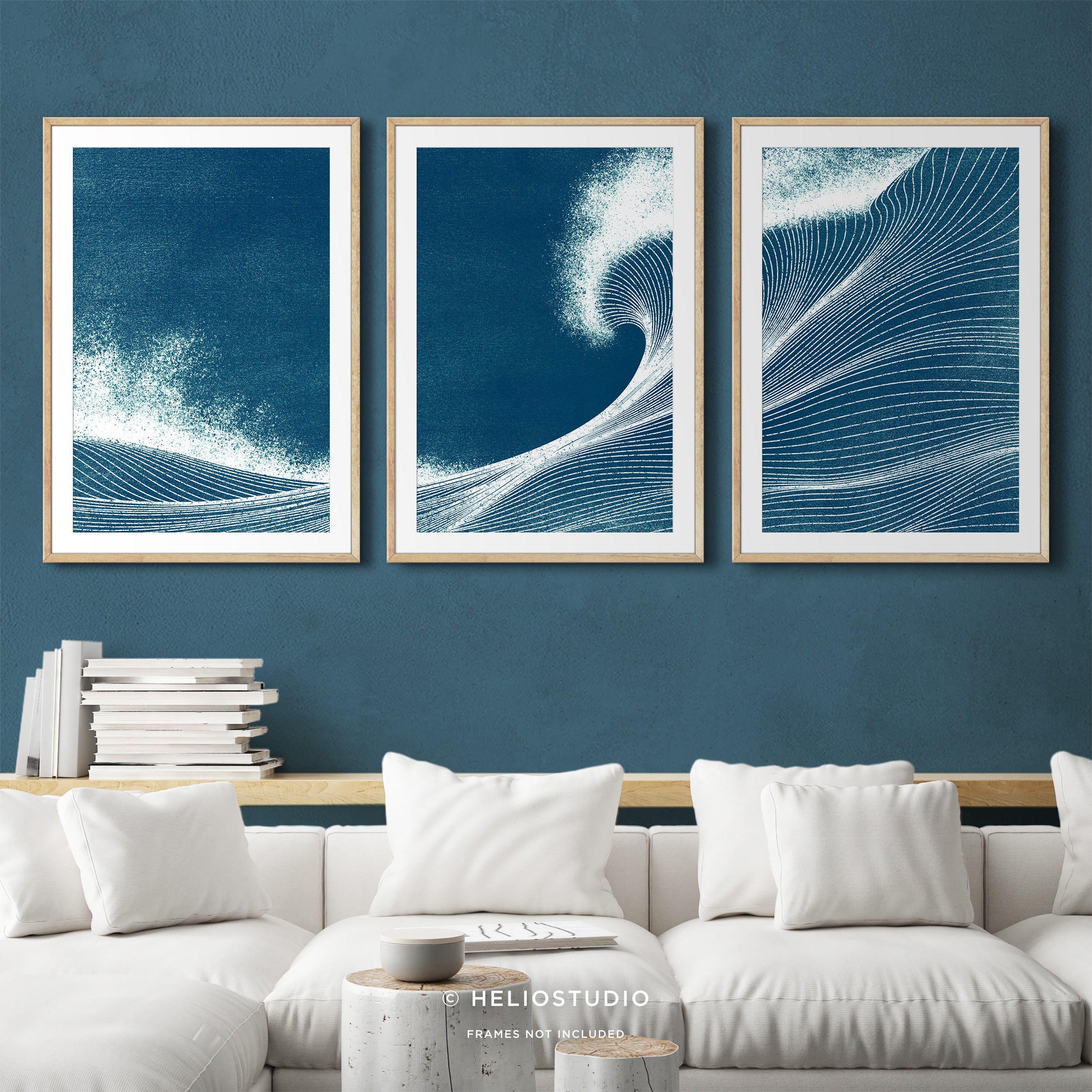 Woodcut Blue Ocean Wave – Three Piece Art Print