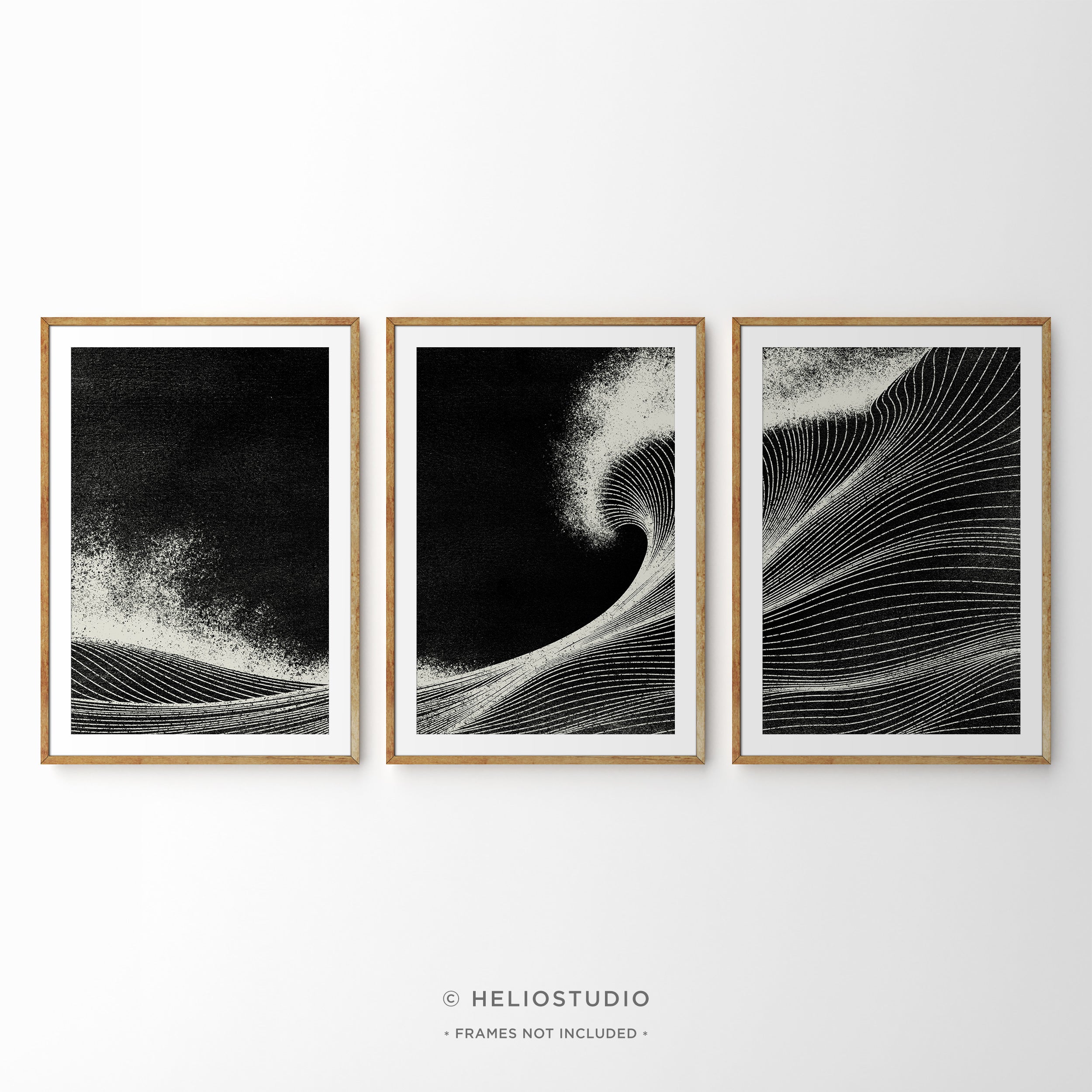 Woodcut Black Ocean Wave – Three Piece Art Print